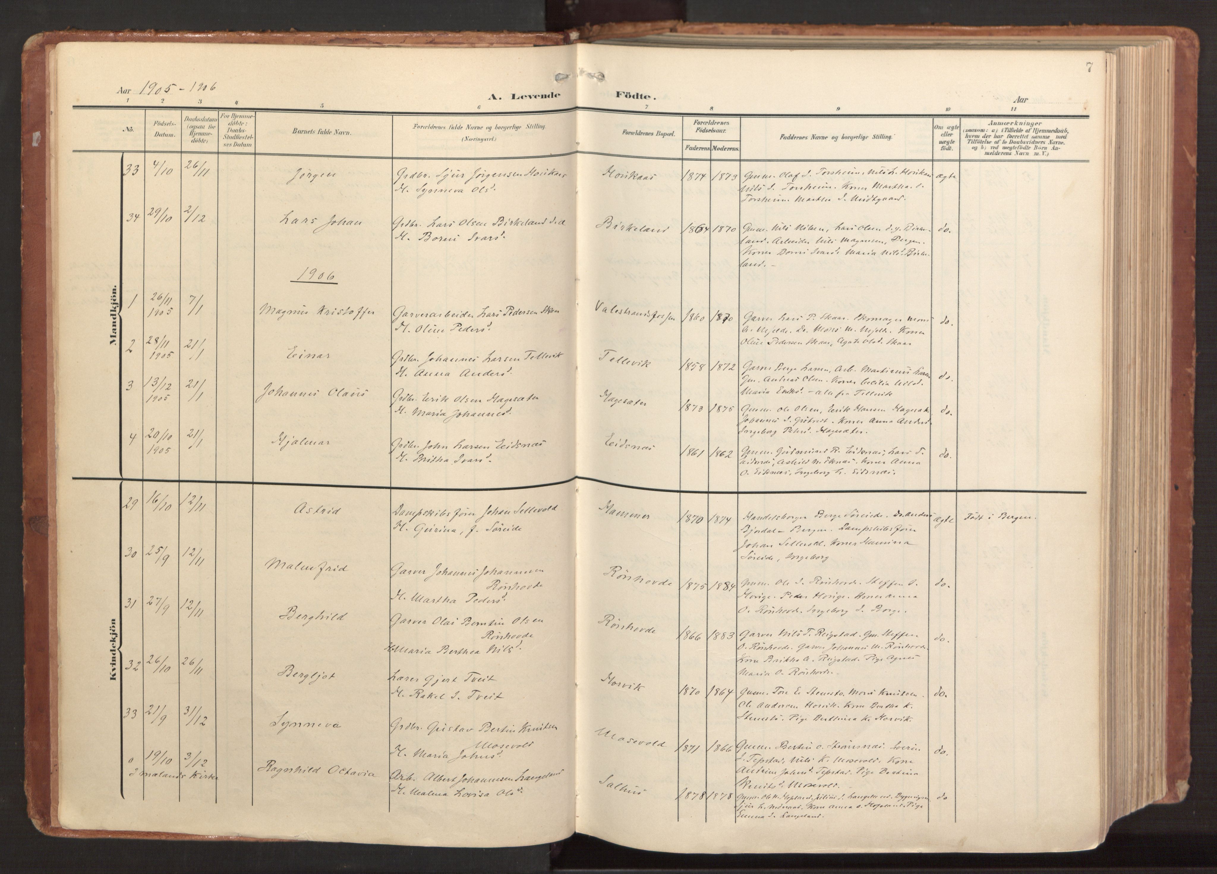 Hamre sokneprestembete, AV/SAB-A-75501/H/Ha/Haa/Haab/L0002: Parish register (official) no. B 2, 1905-1924, p. 7