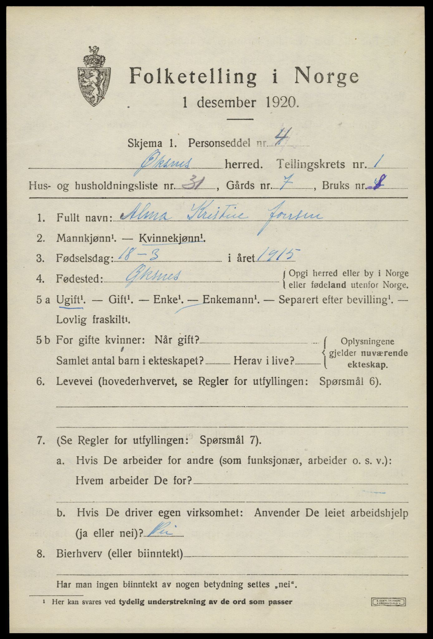 SAT, 1920 census for Øksnes, 1920, p. 1130