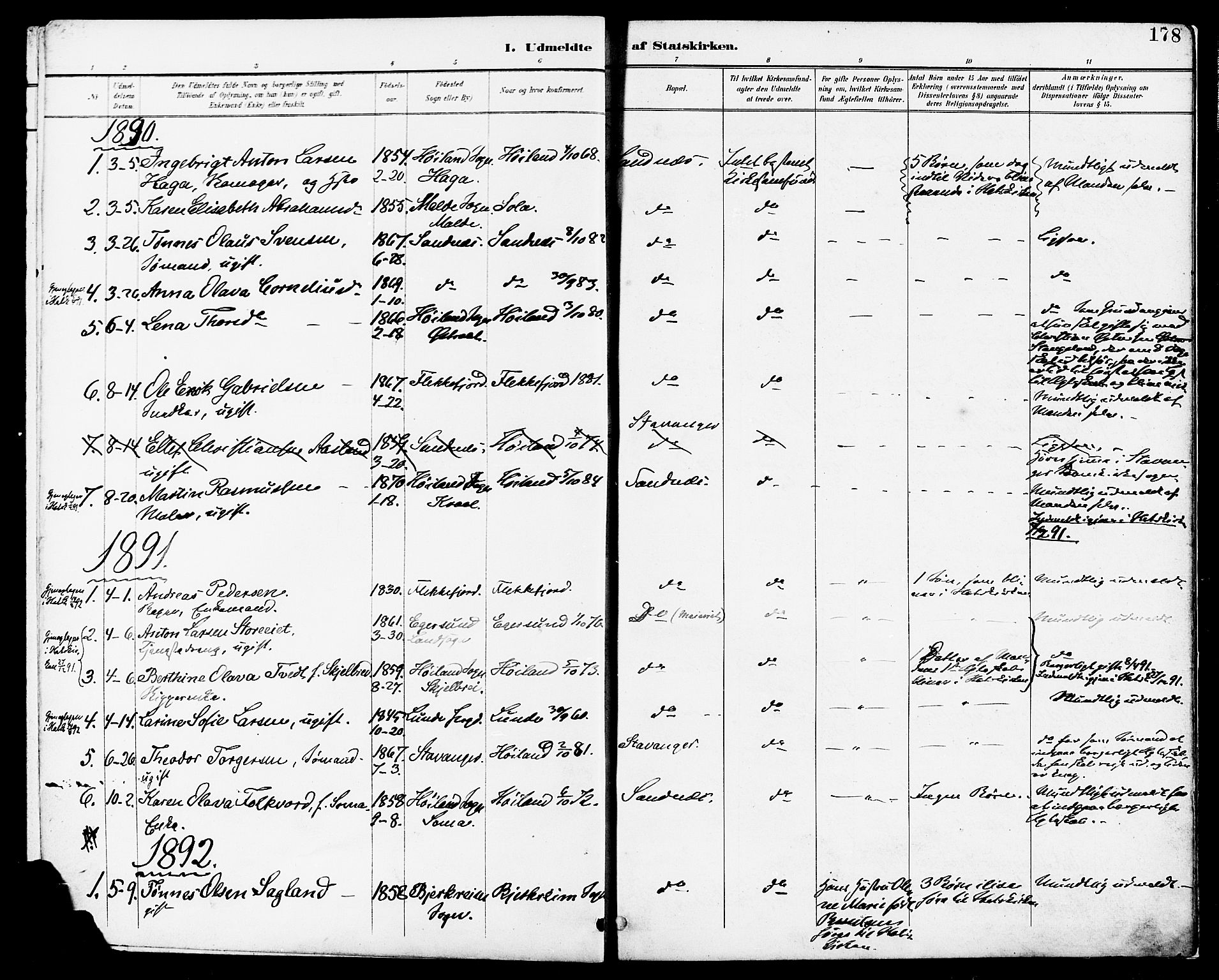 Høyland sokneprestkontor, SAST/A-101799/001/30BA/L0014: Parish register (official) no. A 12, 1890-1898, p. 178