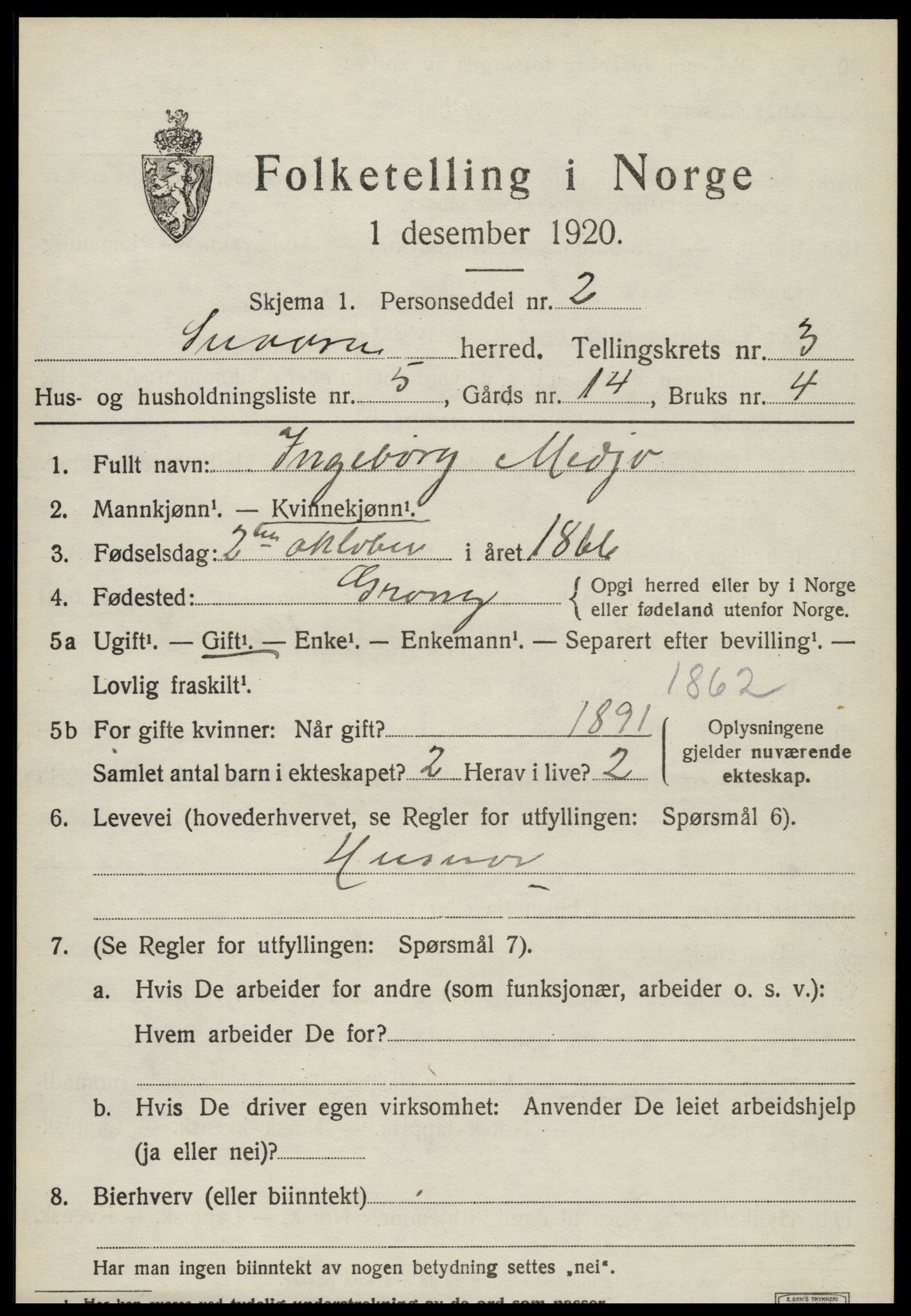 SAT, 1920 census for Snåsa, 1920, p. 1586