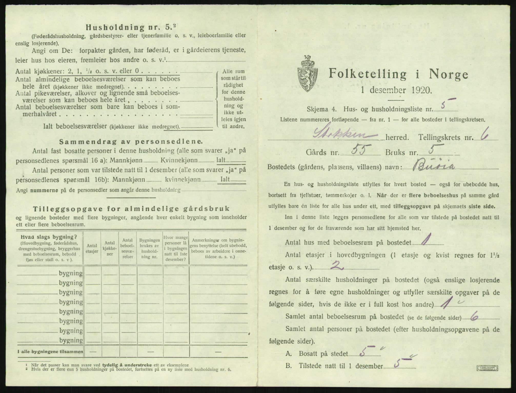 SAK, 1920 census for Stokken, 1920, p. 520