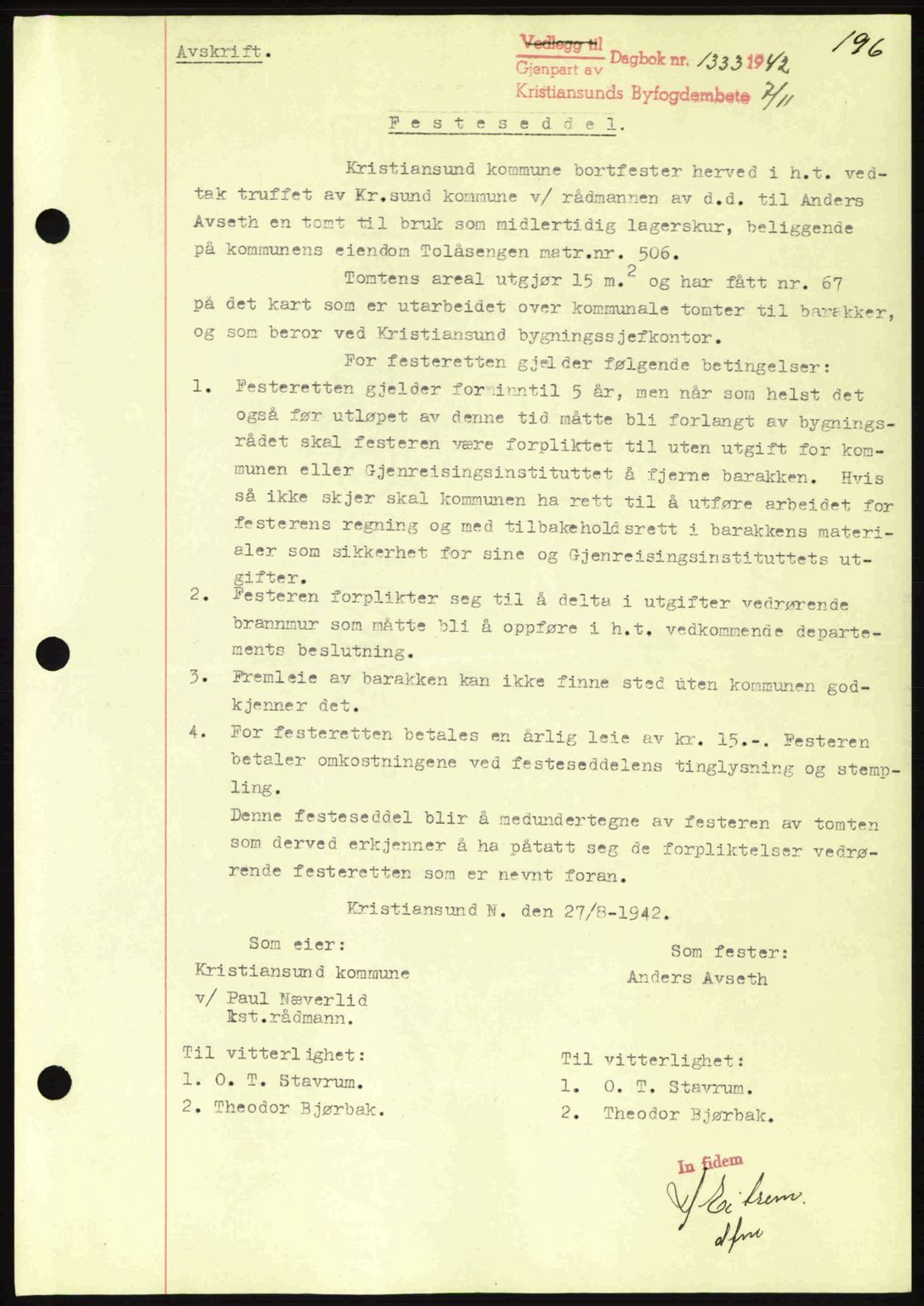 Kristiansund byfogd, SAT/A-4587/A/27: Mortgage book no. 36, 1942-1943, Diary no: : 1333/1942
