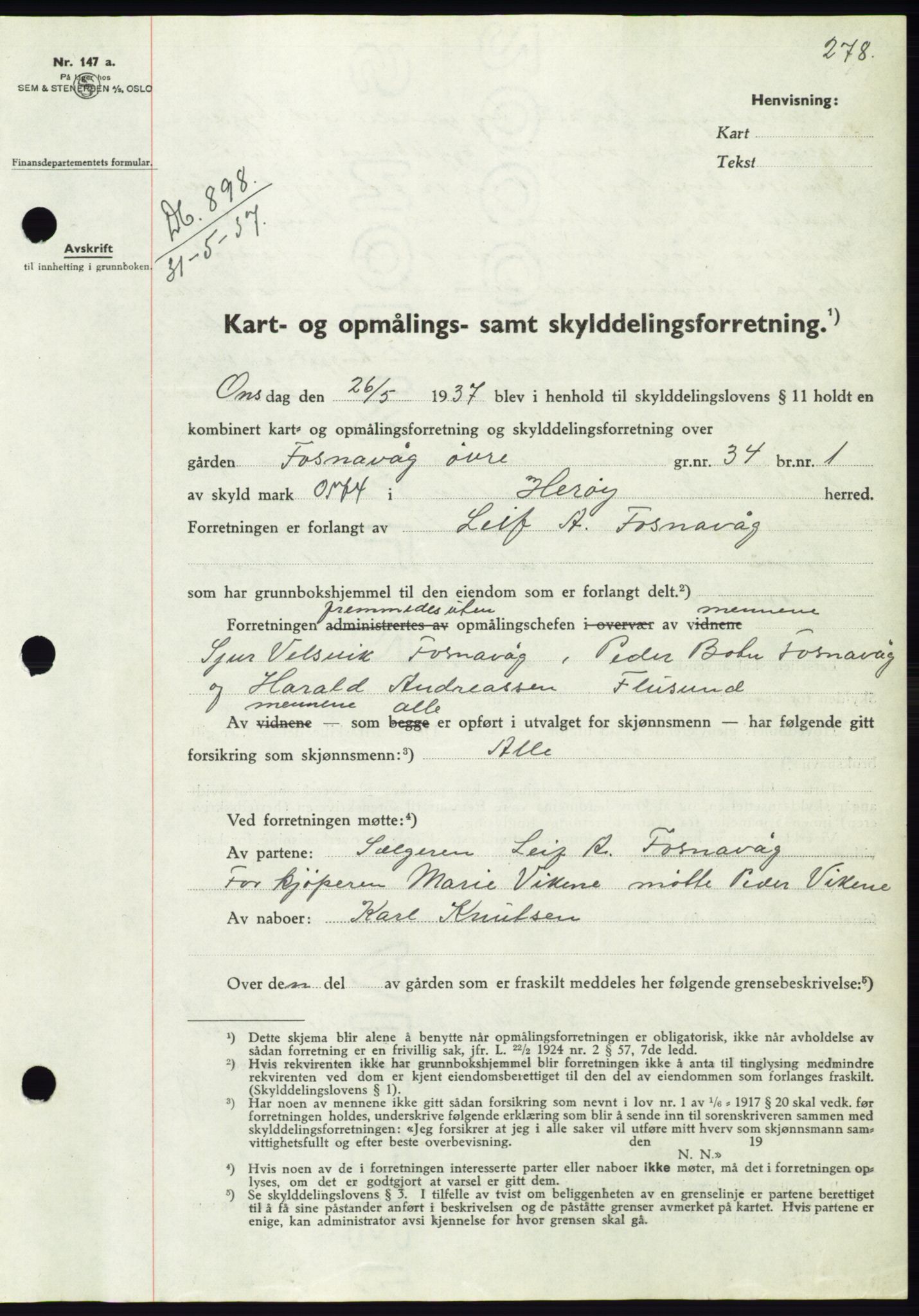 Søre Sunnmøre sorenskriveri, AV/SAT-A-4122/1/2/2C/L0063: Mortgage book no. 57, 1937-1937, Diary no: : 898/1937