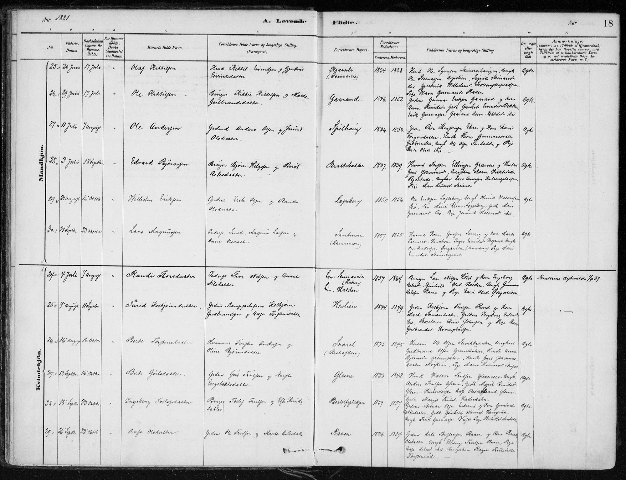 Krødsherad kirkebøker, SAKO/A-19/F/Fa/L0005: Parish register (official) no. 5, 1879-1888, p. 18