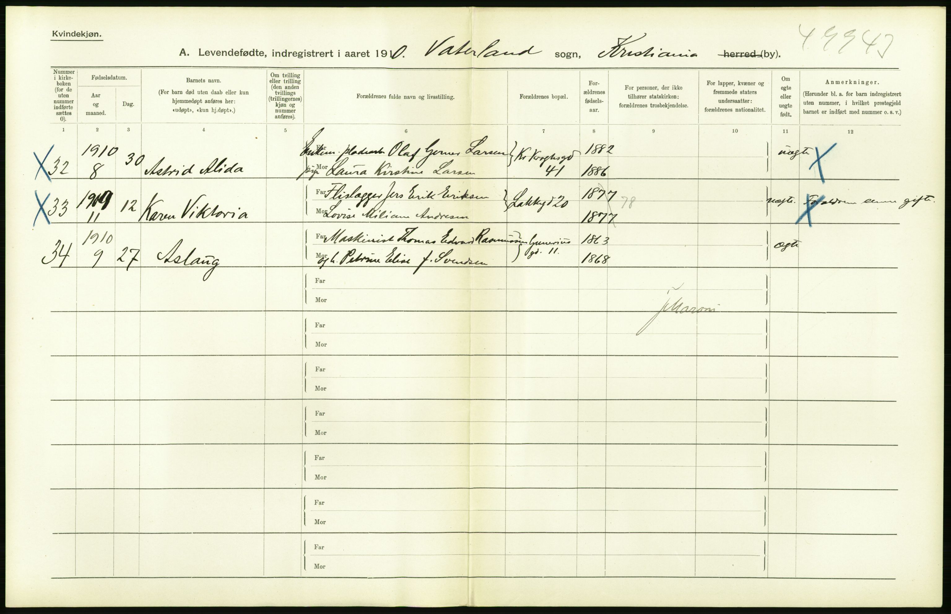 Statistisk sentralbyrå, Sosiodemografiske emner, Befolkning, RA/S-2228/D/Df/Dfa/Dfah/L0007: Kristiania: Levendefødte kvinner., 1910, p. 144