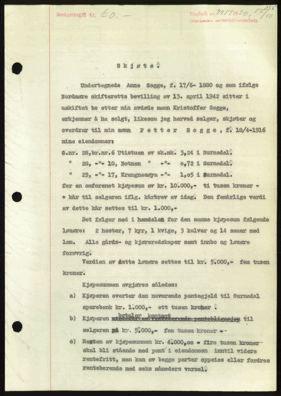 Nordmøre sorenskriveri, AV/SAT-A-4132/1/2/2Ca: Mortgage book no. A116, 1950-1950, Diary no: : 3217/1950