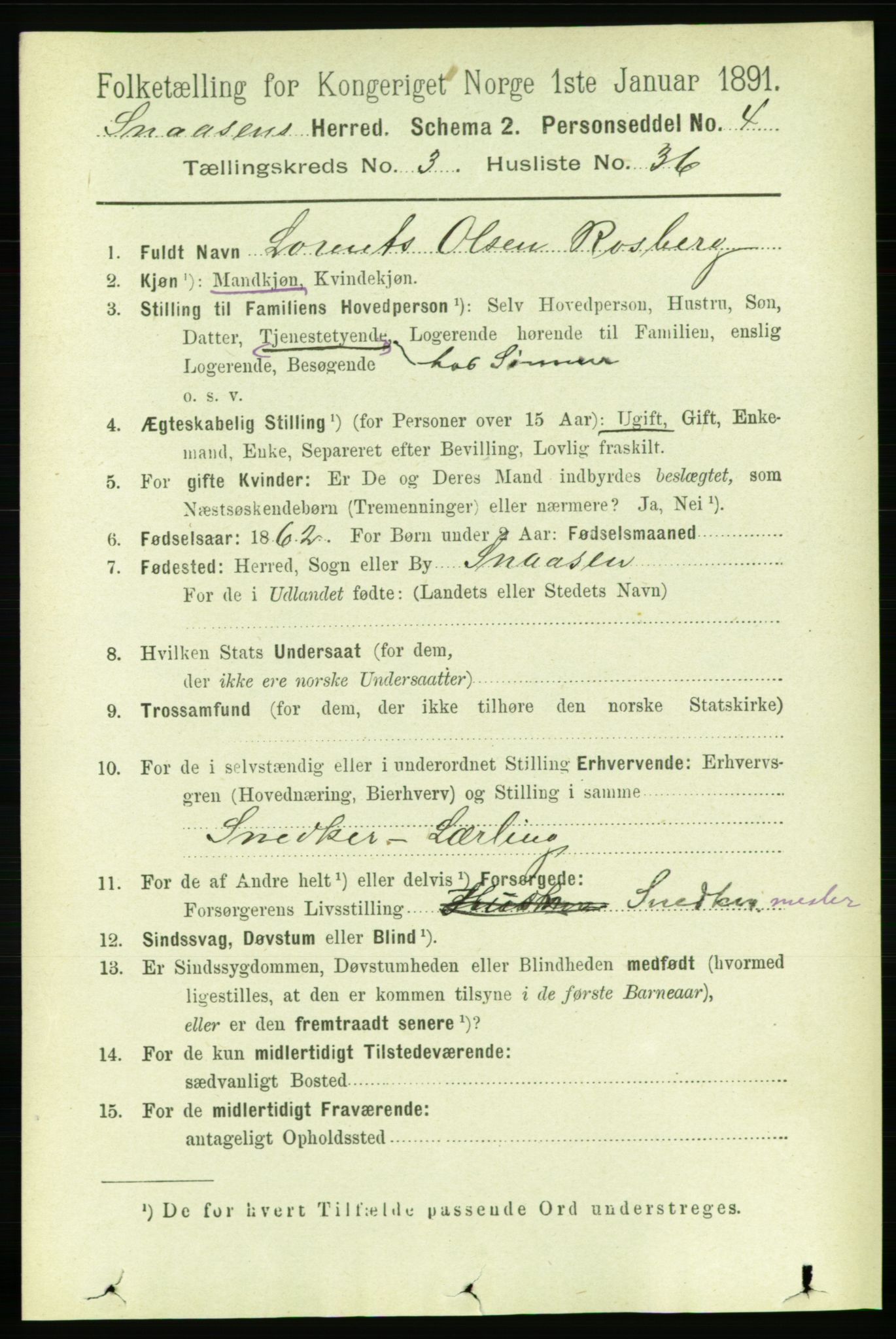 RA, 1891 census for 1736 Snåsa, 1891, p. 856