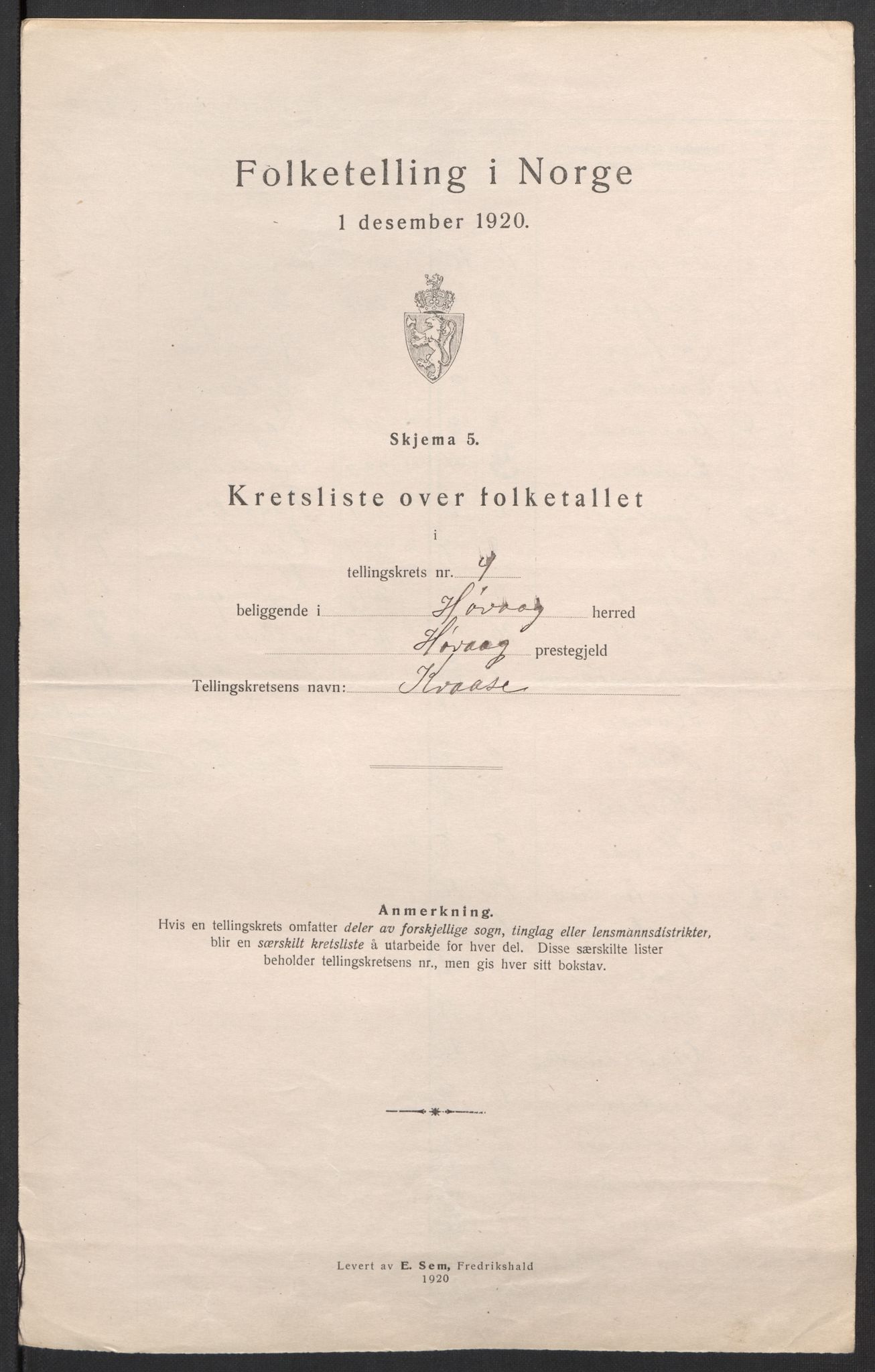 SAK, 1920 census for Høvåg, 1920, p. 15