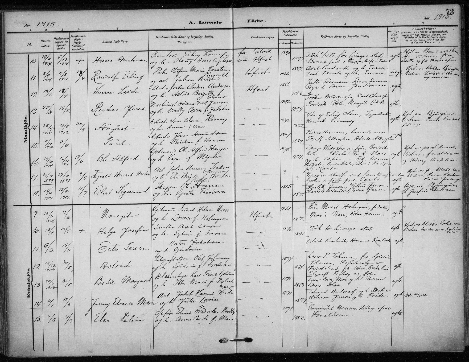 Hammerfest sokneprestkontor, SATØ/S-1347/H/Ha/L0014.kirke: Parish register (official) no. 14, 1906-1916, p. 73