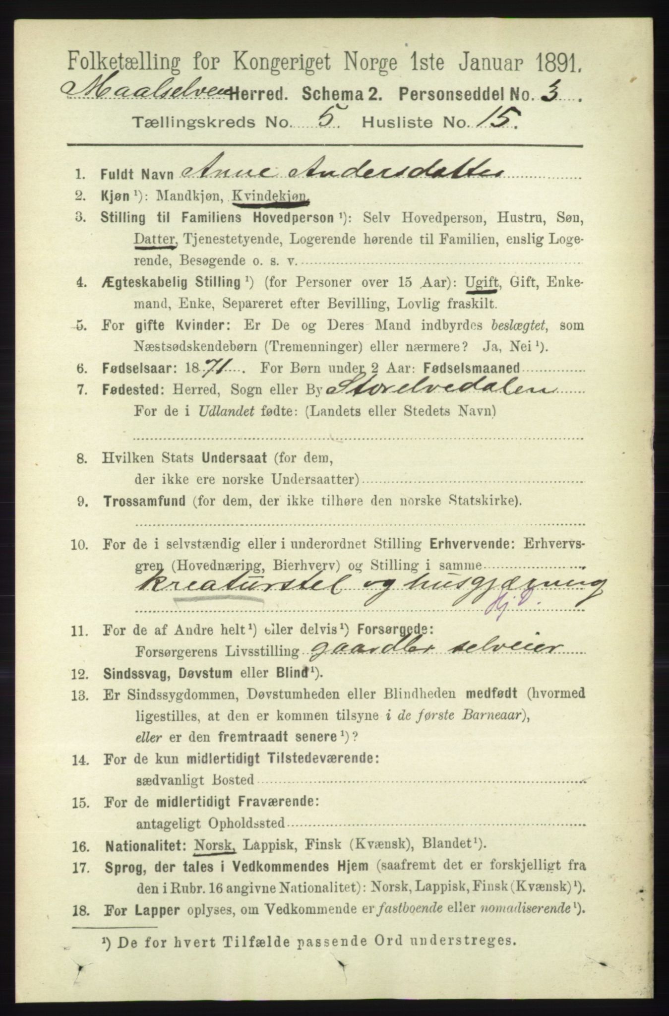 RA, 1891 census for 1924 Målselv, 1891, p. 1727