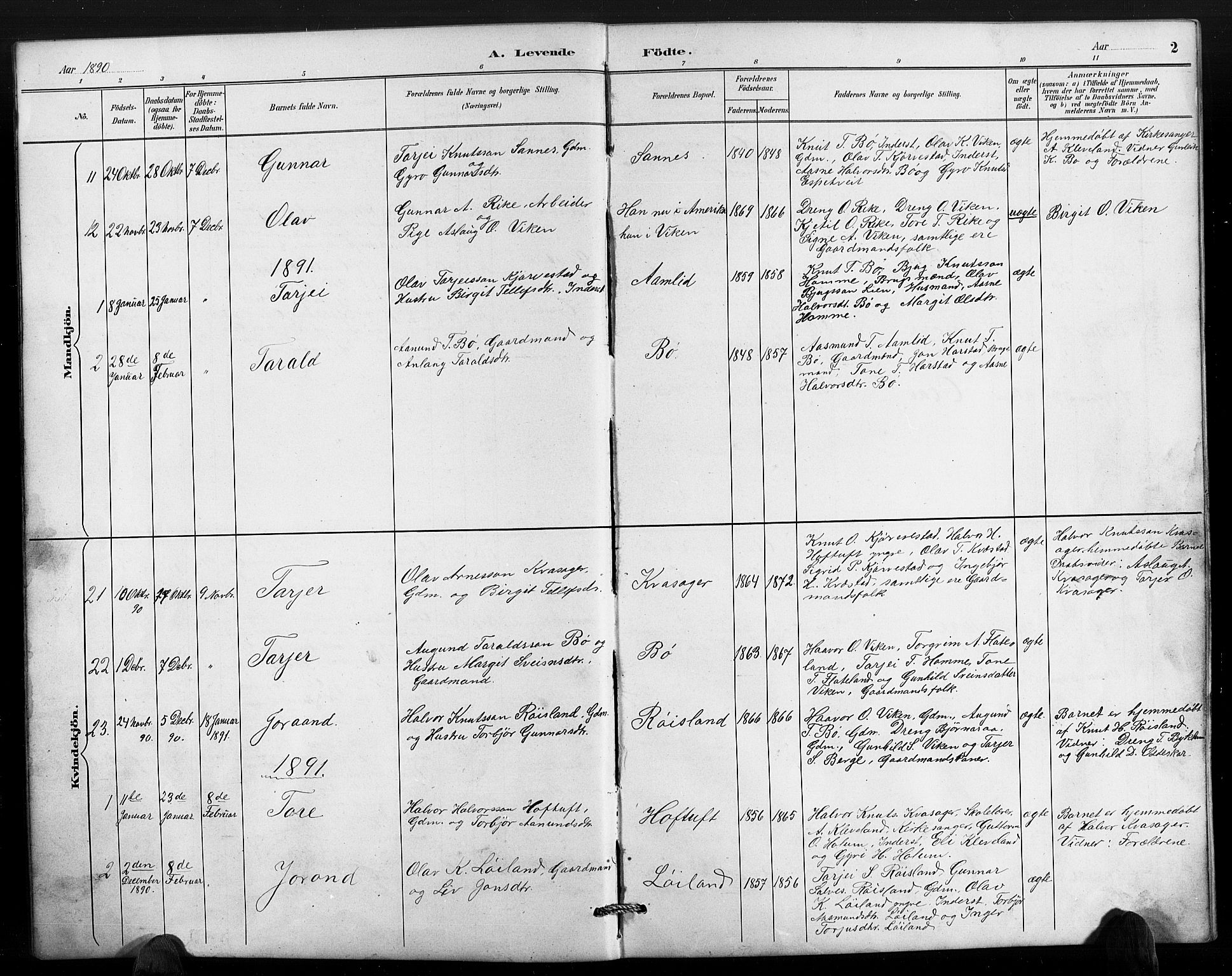 Valle sokneprestkontor, SAK/1111-0044/F/Fb/Fbc/L0004: Parish register (copy) no. B 4, 1890-1928, p. 2