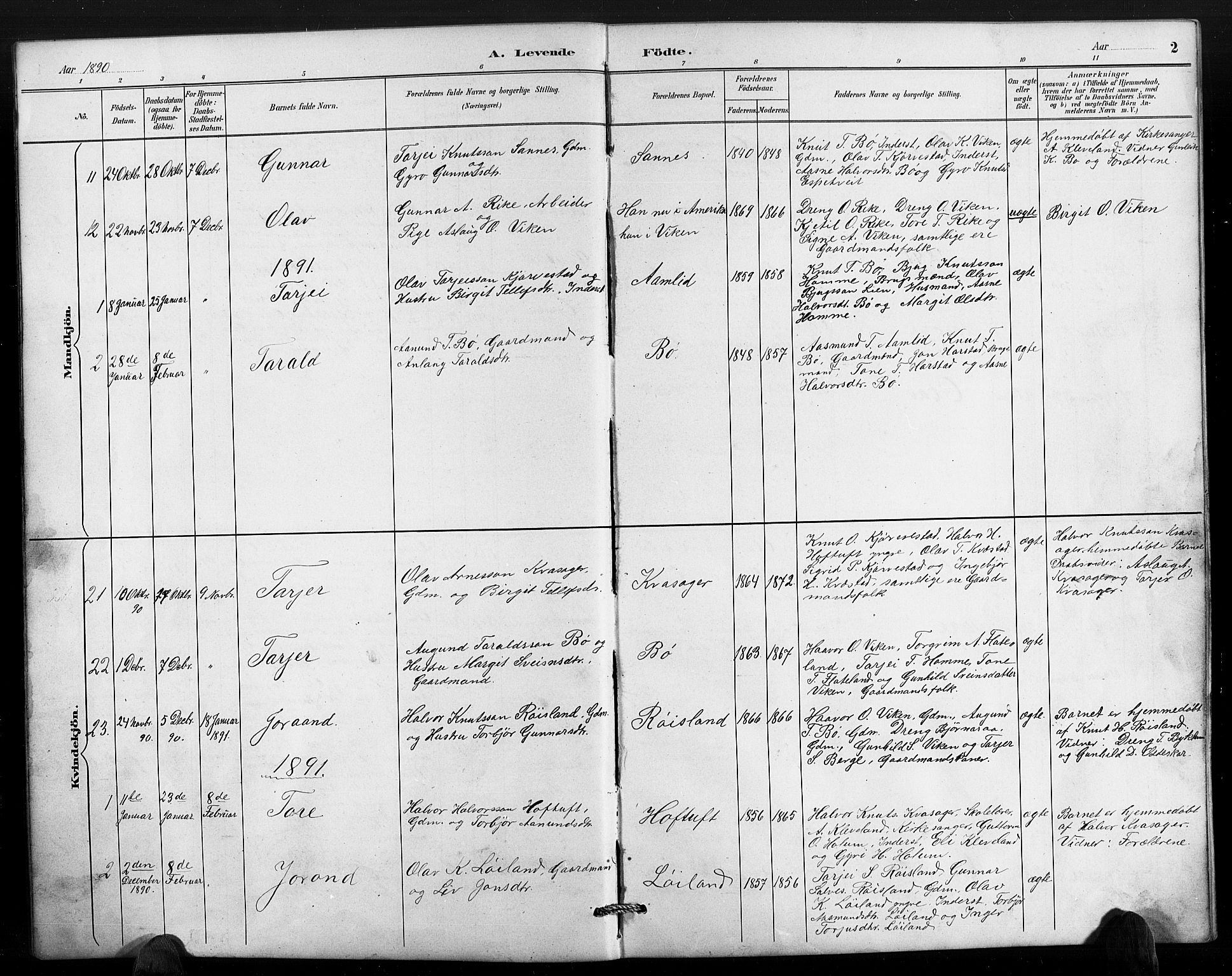 Valle sokneprestkontor, AV/SAK-1111-0044/F/Fb/Fbc/L0004: Parish register (copy) no. B 4, 1890-1928, p. 2