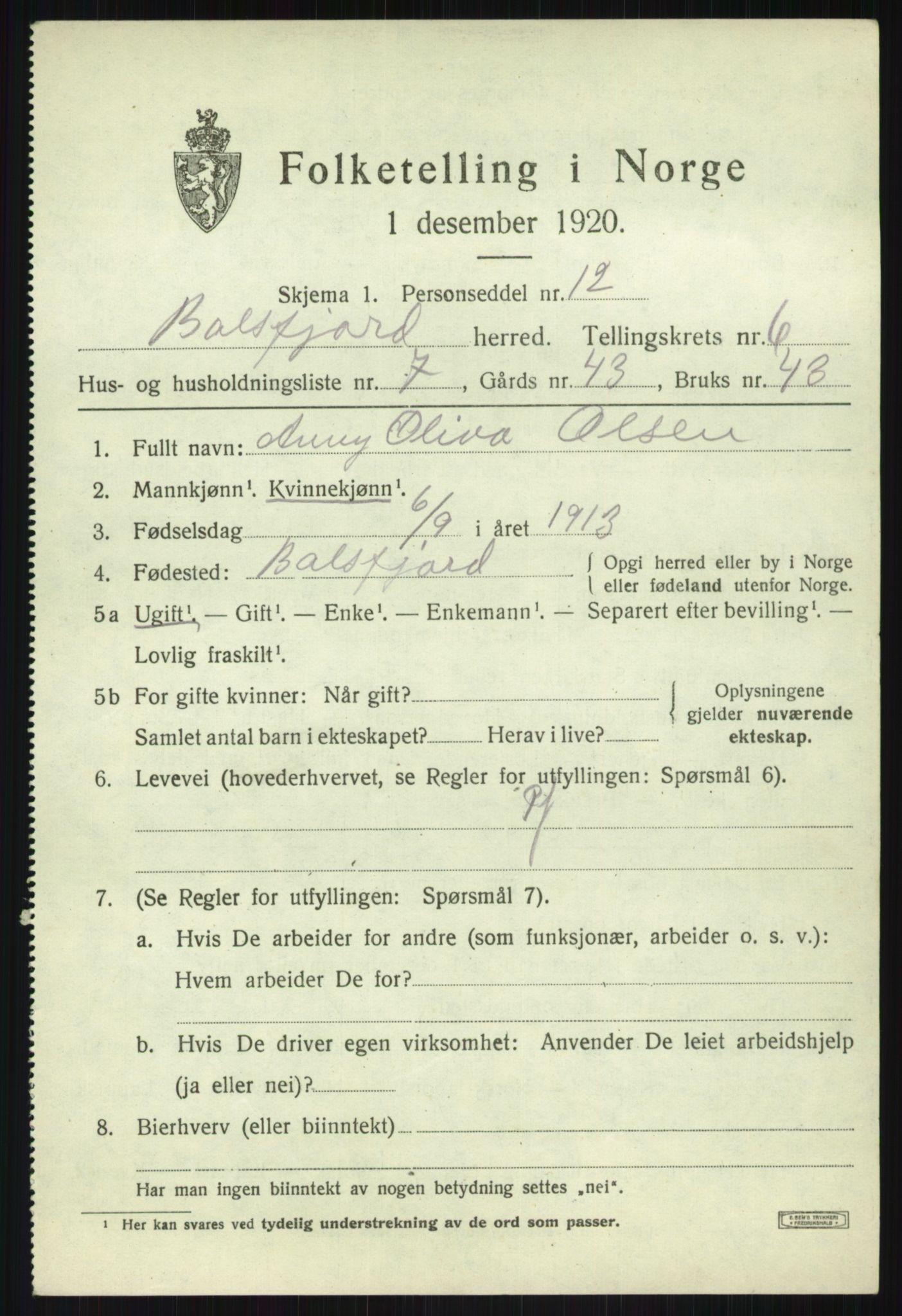 SATØ, 1920 census for Balsfjord, 1920, p. 3822