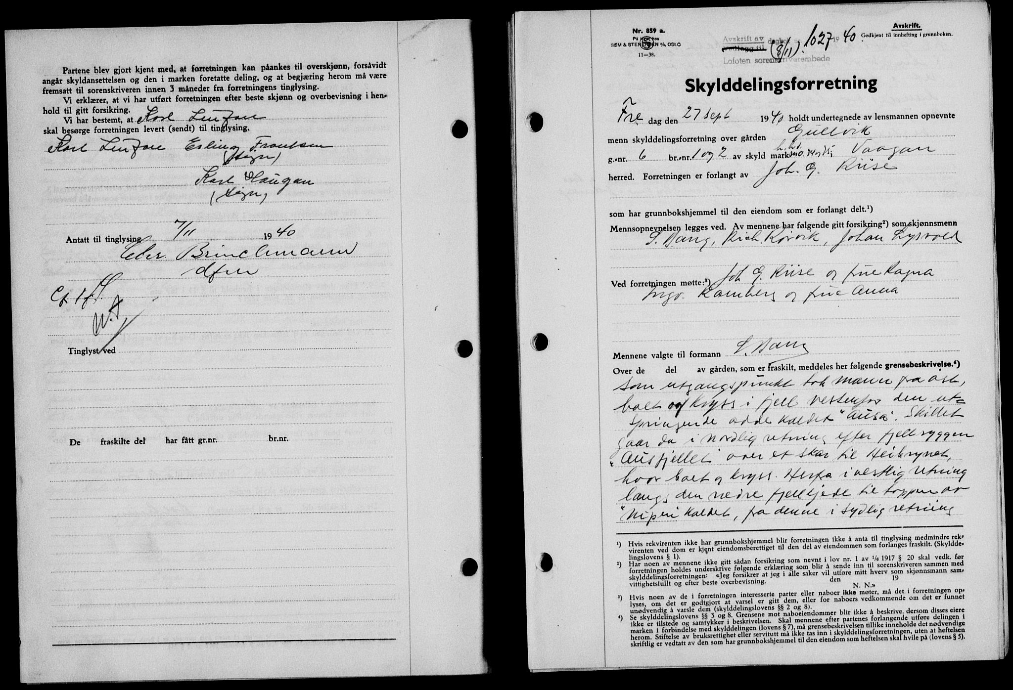 Lofoten sorenskriveri, SAT/A-0017/1/2/2C/L0008a: Mortgage book no. 8a, 1940-1941, Diary no: : 1027/1940