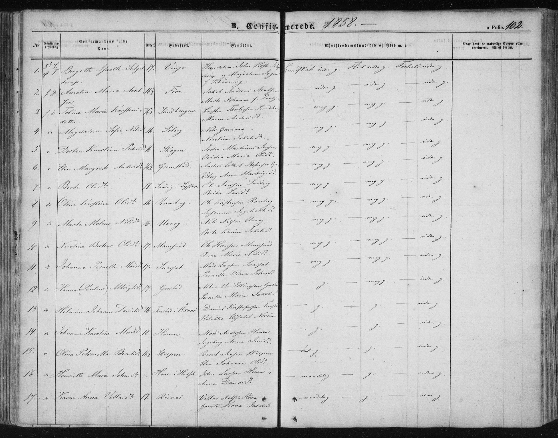 Ministerialprotokoller, klokkerbøker og fødselsregistre - Nordland, AV/SAT-A-1459/891/L1300: Parish register (official) no. 891A05, 1856-1870, p. 102