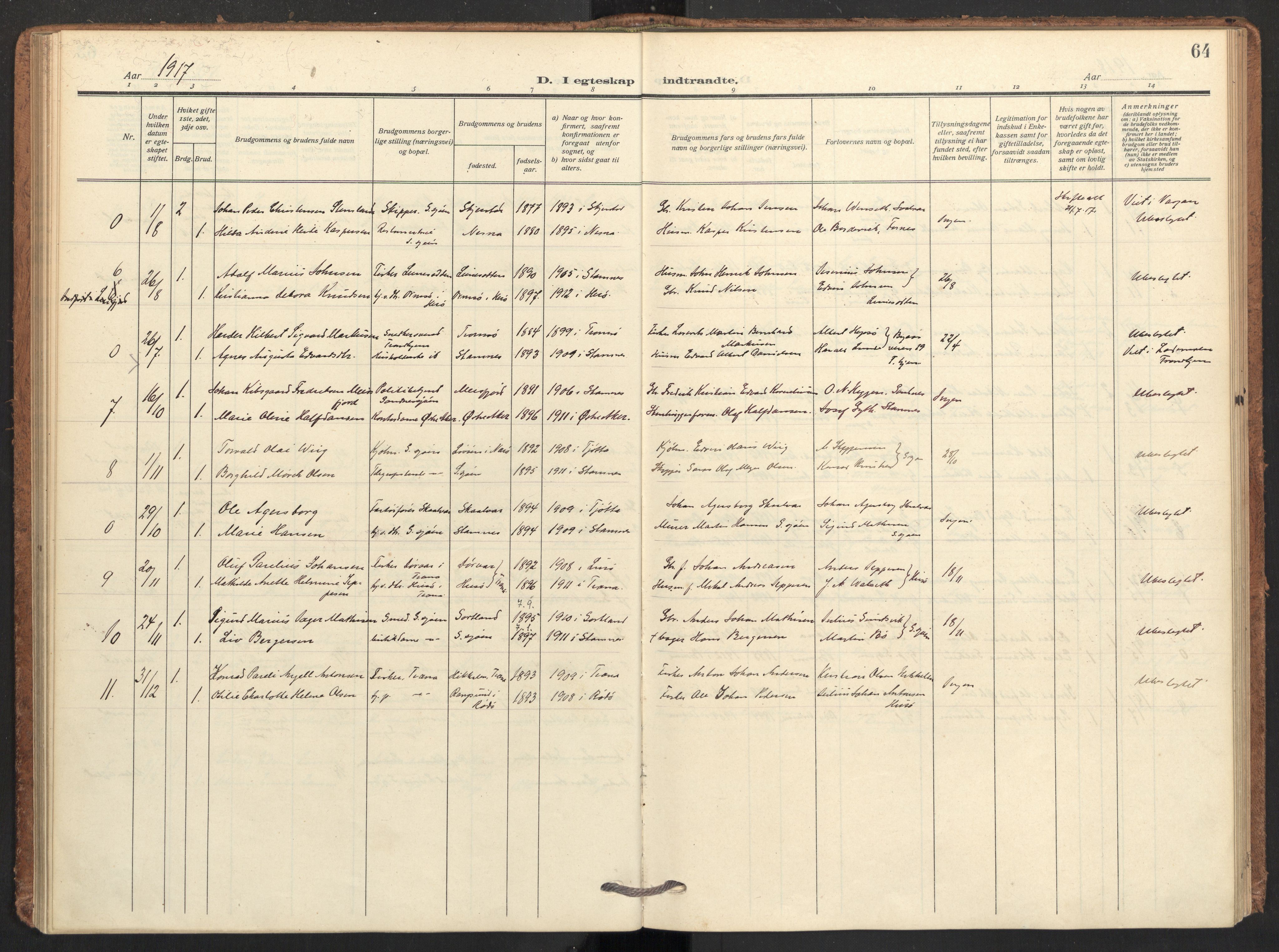 Ministerialprotokoller, klokkerbøker og fødselsregistre - Nordland, SAT/A-1459/831/L0473: Parish register (official) no. 831A04, 1909-1934, p. 64