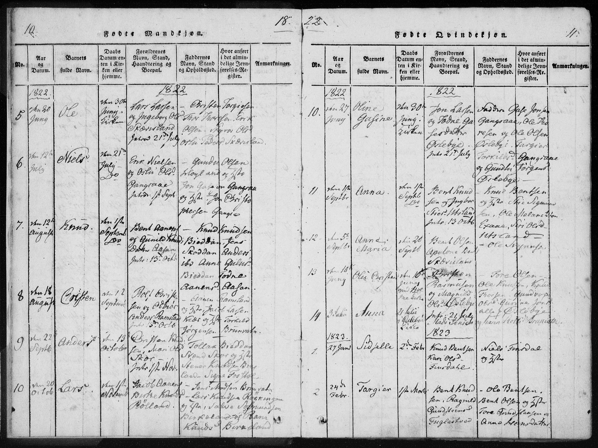 Holum sokneprestkontor, SAK/1111-0022/F/Fa/Fac/L0002: Parish register (official) no. A 2, 1821-1859, p. 10-11