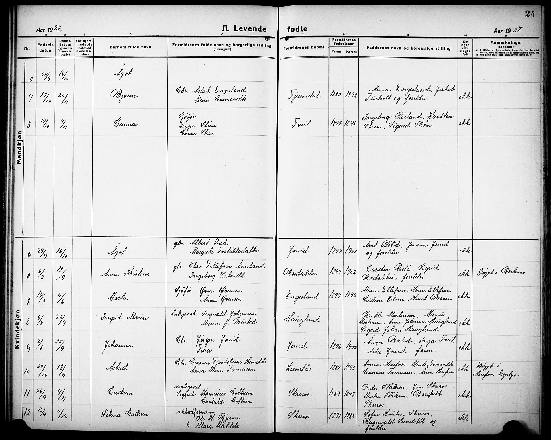 Herefoss sokneprestkontor, SAK/1111-0019/F/Fb/Fbb/L0004: Parish register (copy) no. B 4, 1917-1933, p. 24
