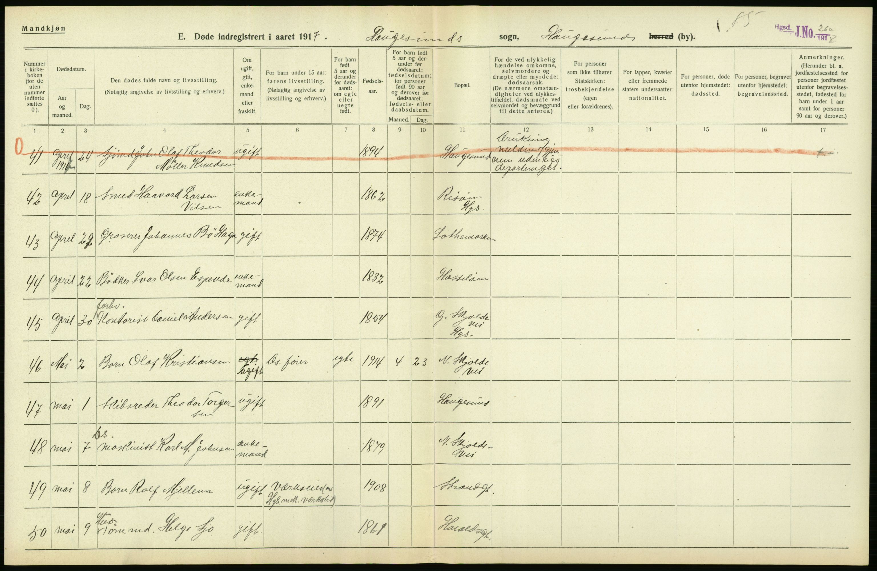 Statistisk sentralbyrå, Sosiodemografiske emner, Befolkning, RA/S-2228/D/Df/Dfb/Dfbg/L0033: Stavanger amt: Døde, dødfødte. Bygder og byer., 1917, p. 358