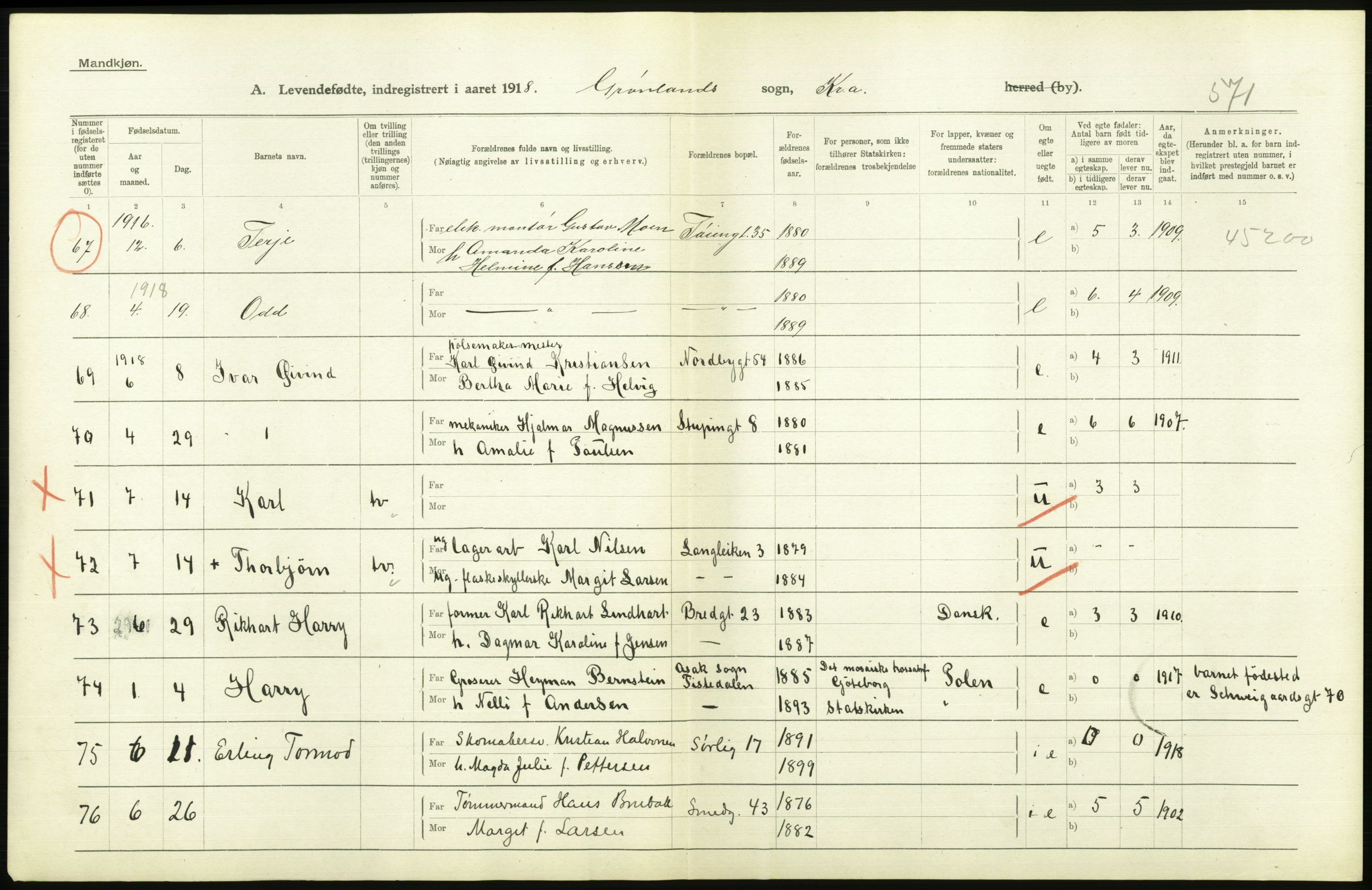 Statistisk sentralbyrå, Sosiodemografiske emner, Befolkning, AV/RA-S-2228/D/Df/Dfb/Dfbh/L0008: Kristiania: Levendefødte menn og kvinner., 1918, p. 766