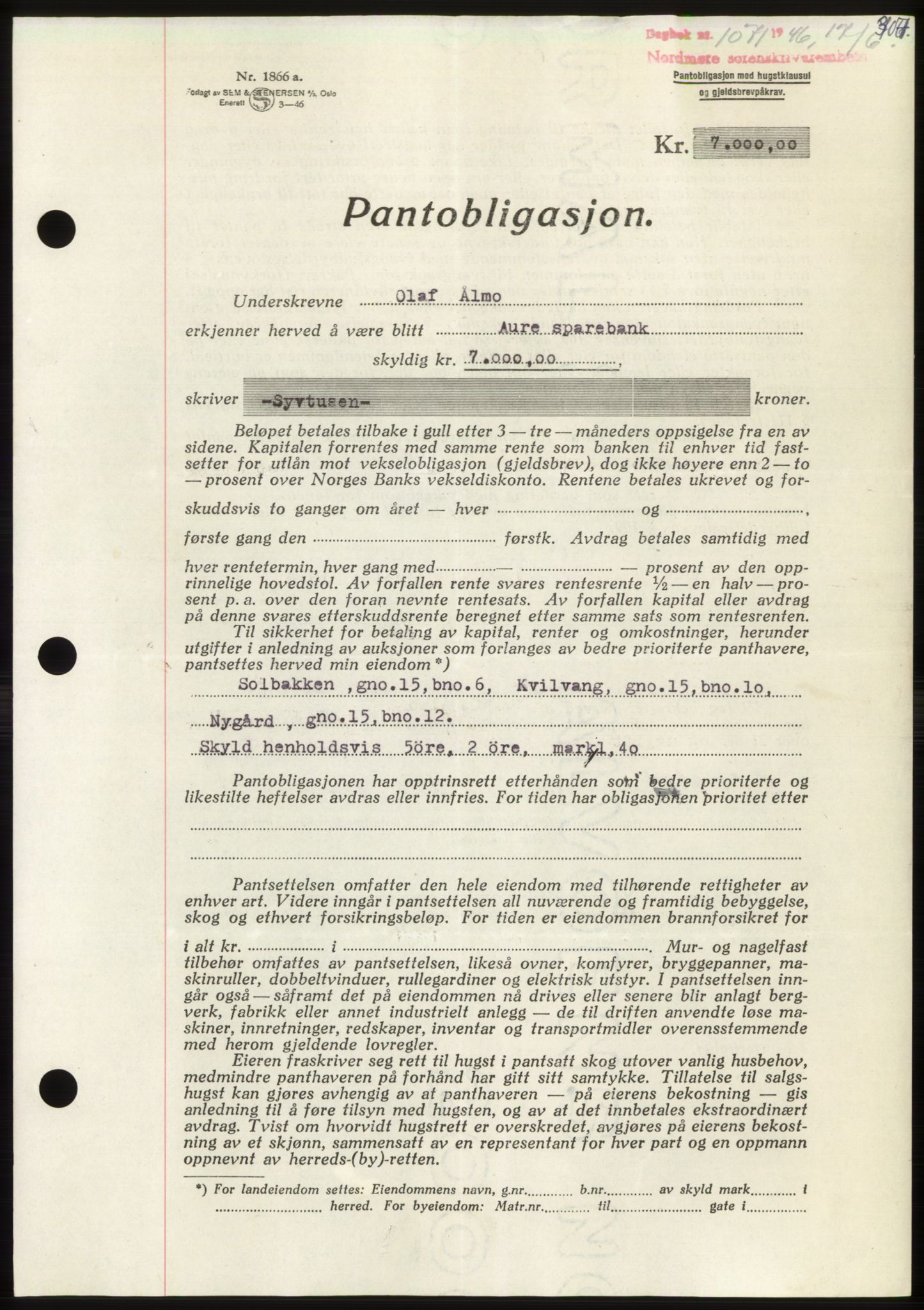 Nordmøre sorenskriveri, AV/SAT-A-4132/1/2/2Ca: Mortgage book no. B94, 1946-1946, Diary no: : 1071/1946