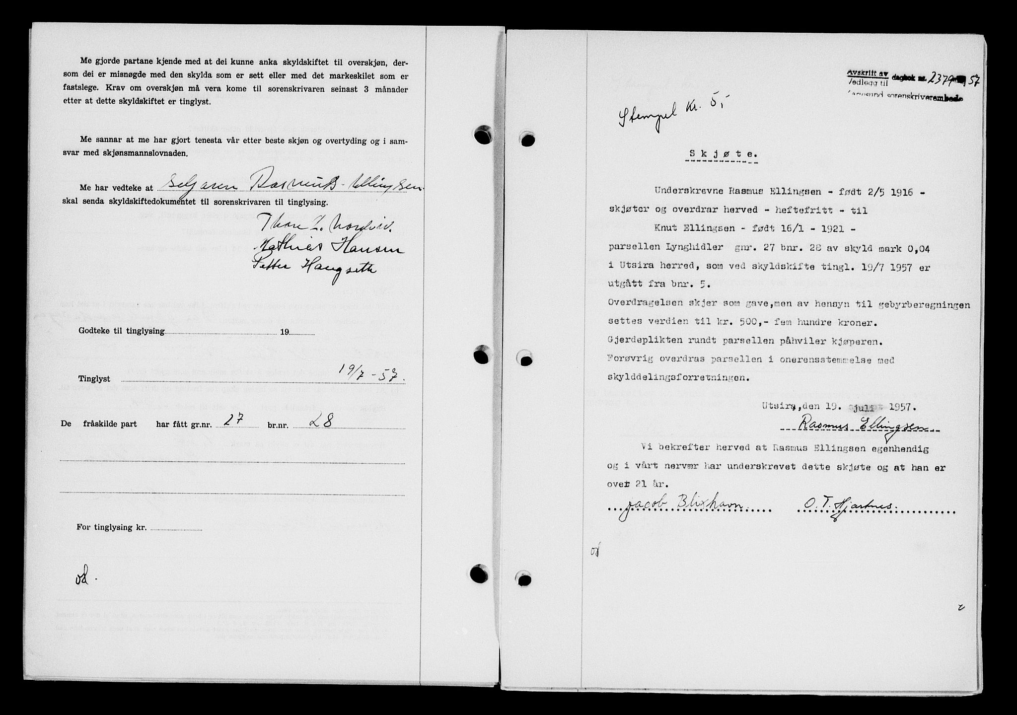 Karmsund sorenskriveri, AV/SAST-A-100311/01/II/IIB/L0125: Mortgage book no. 105A, 1957-1957, Diary no: : 2379/1957