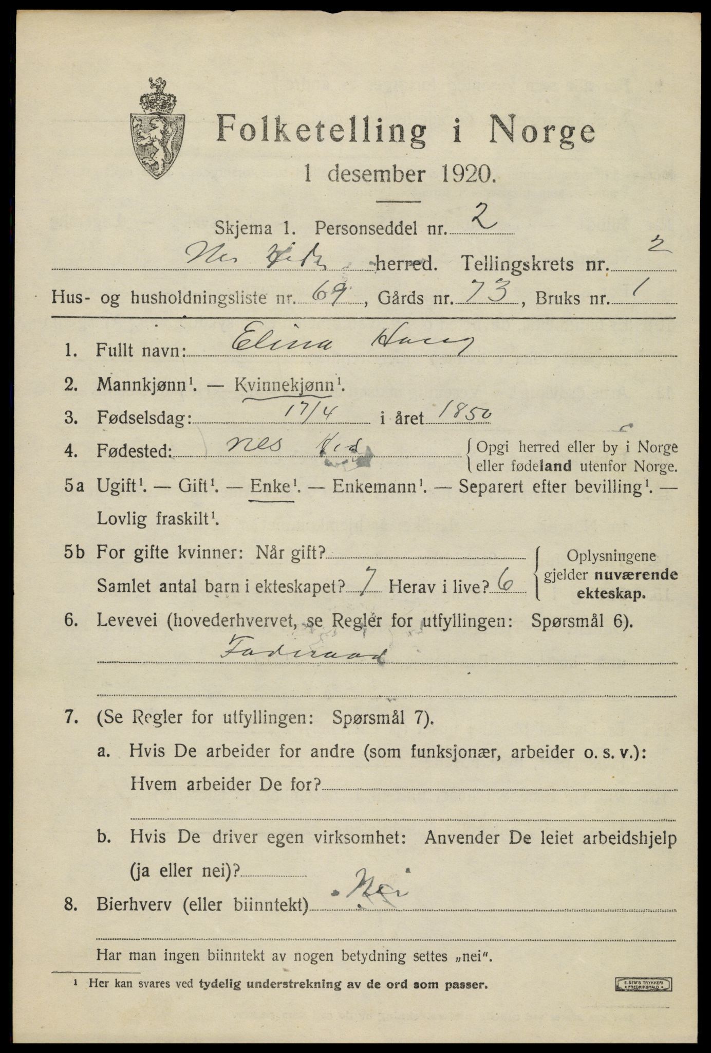 SAH, 1920 census for Nes (Hedmark), 1920, p. 3772