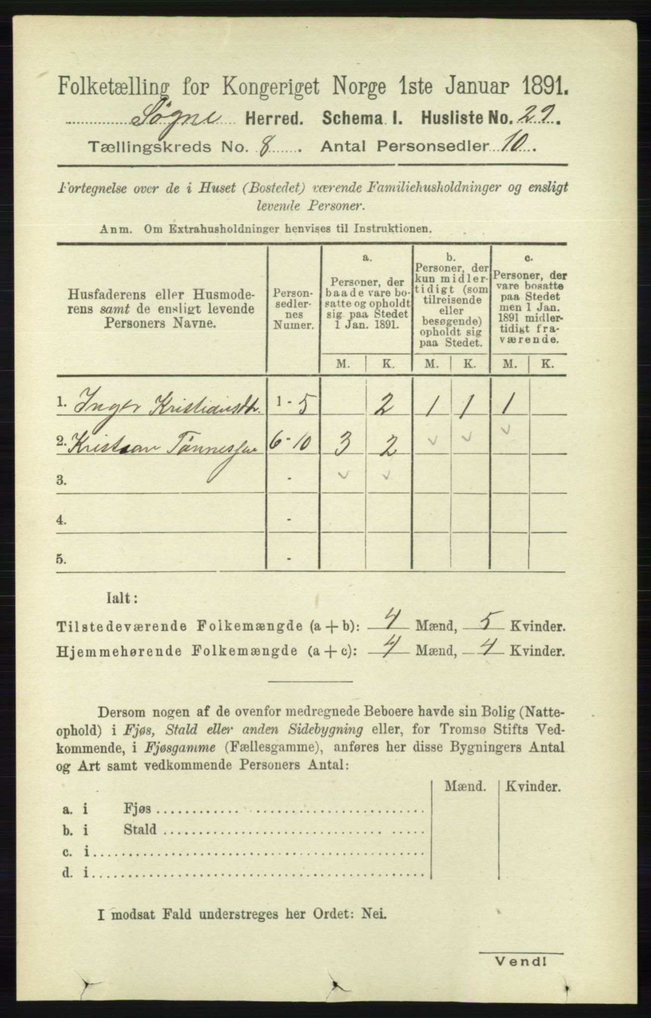 RA, 1891 census for 1018 Søgne, 1891, p. 2196