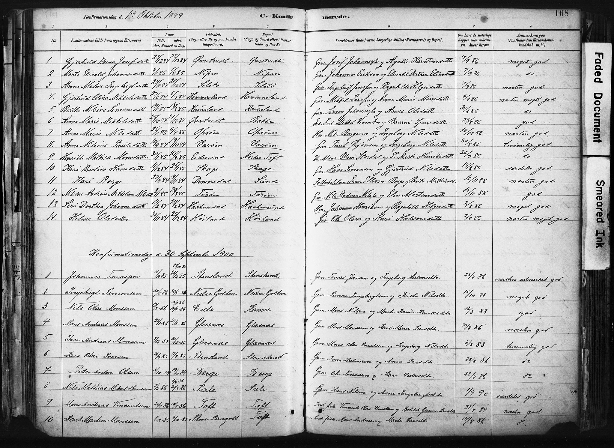 Sund sokneprestembete, AV/SAB-A-99930: Parish register (official) no. B 1, 1882-1907, p. 168