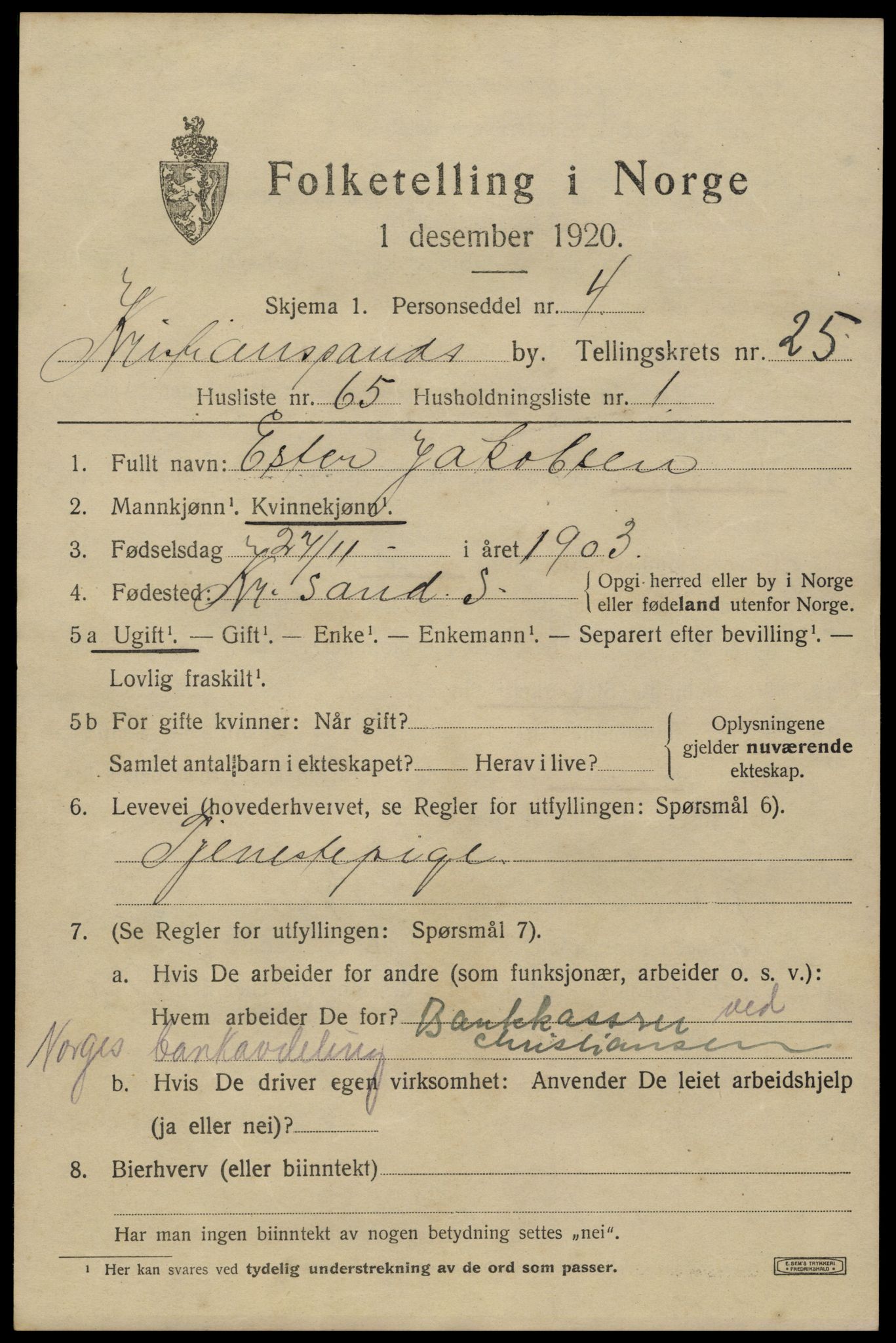 SAK, 1920 census for Kristiansand, 1920, p. 44845