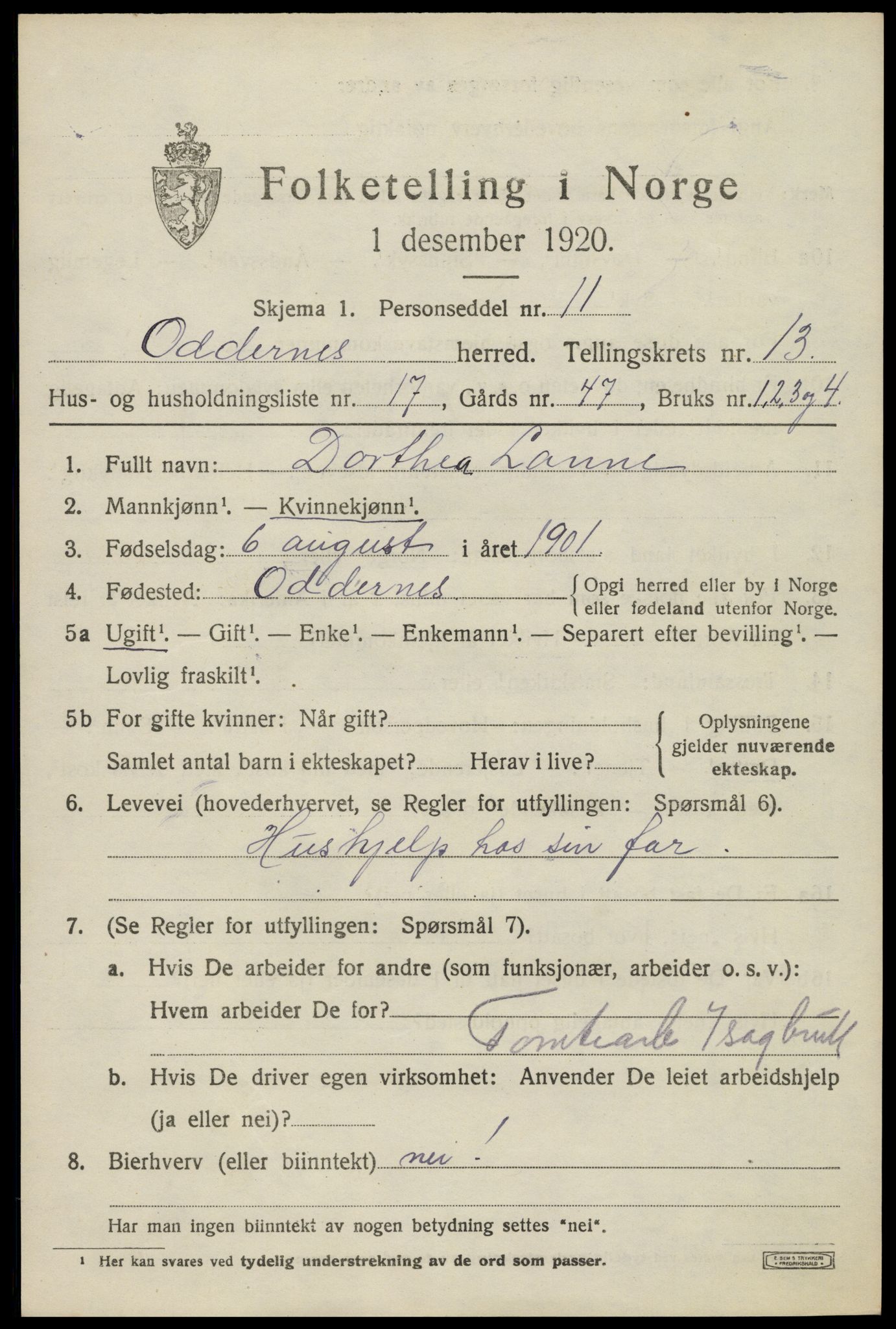 SAK, 1920 census for Oddernes, 1920, p. 8143