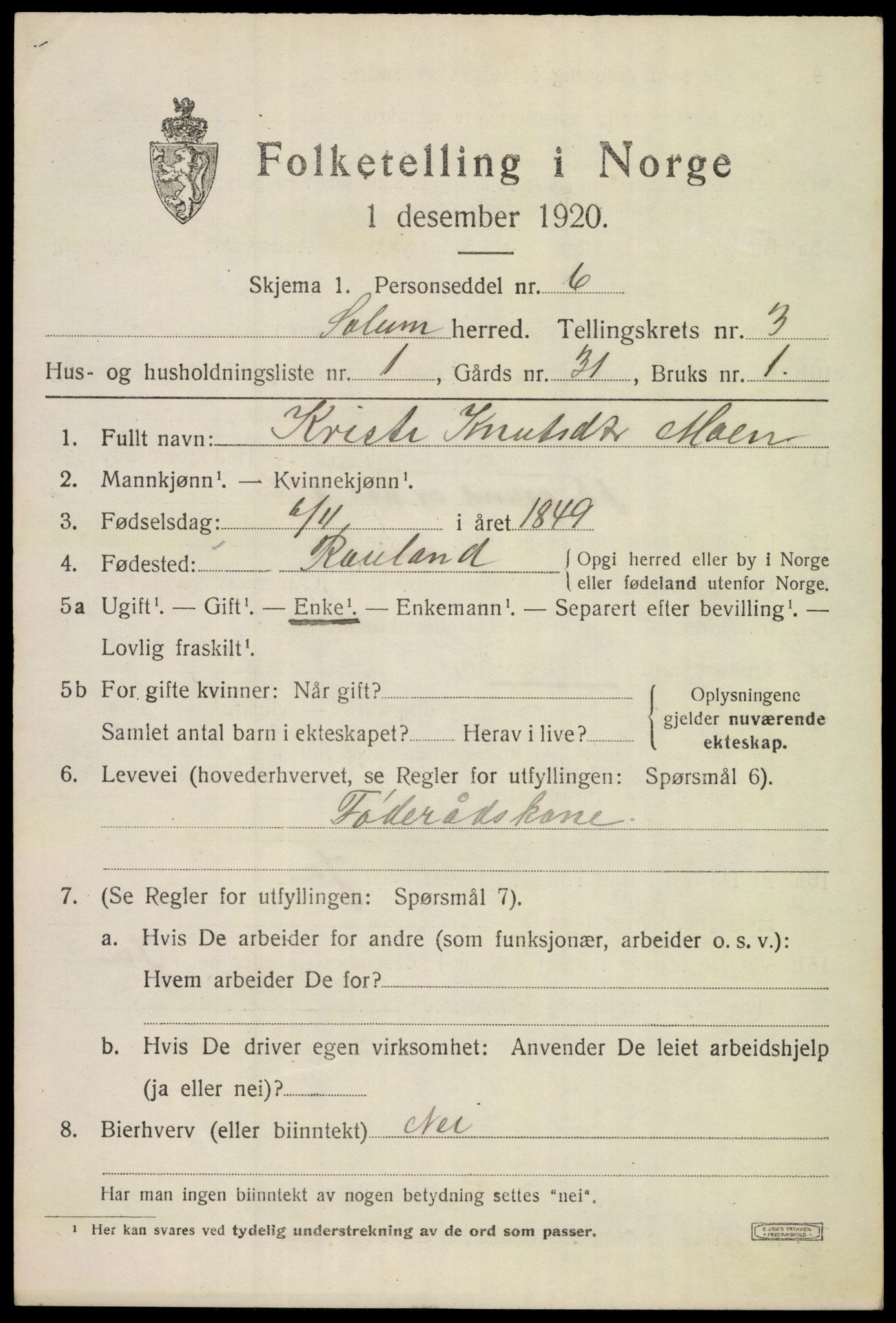 SAKO, 1920 census for Solum, 1920, p. 7688