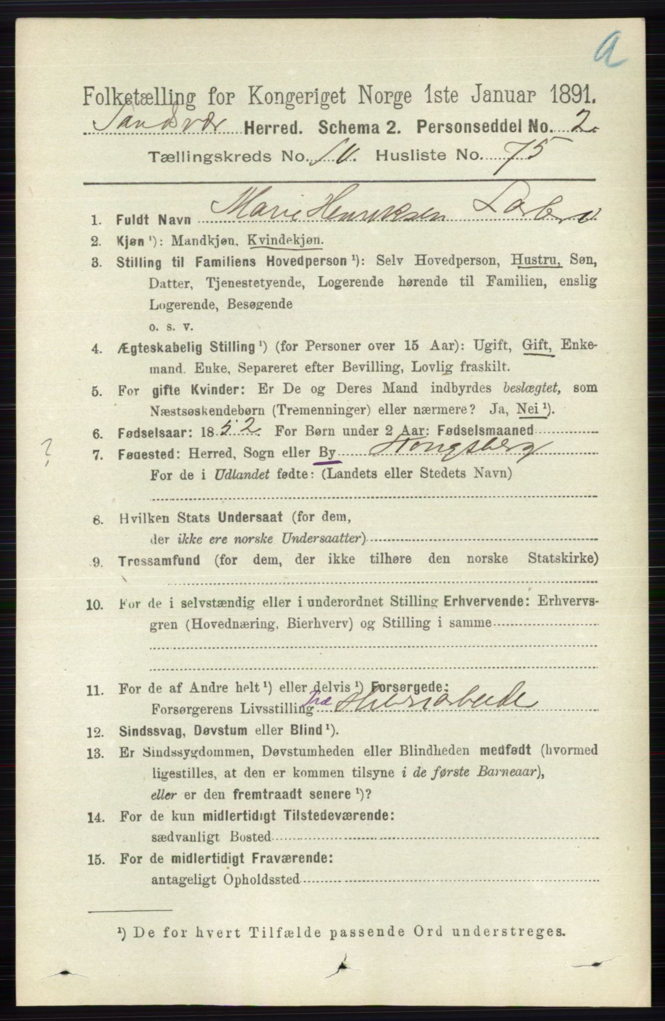 RA, 1891 census for 0629 Sandsvær, 1891, p. 5400