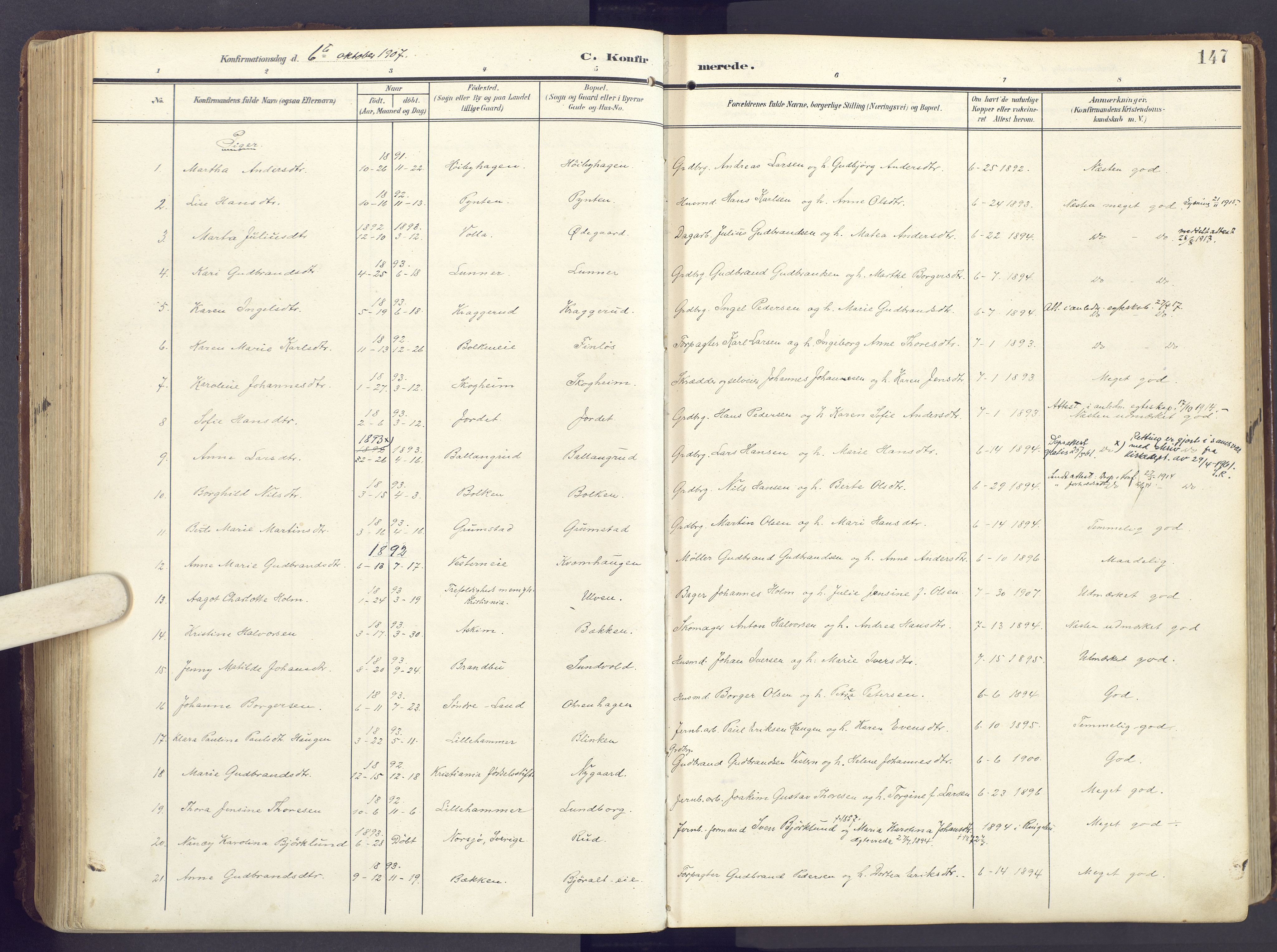 Lunner prestekontor, SAH/PREST-118/H/Ha/Haa/L0001: Parish register (official) no. 1, 1907-1922, p. 147