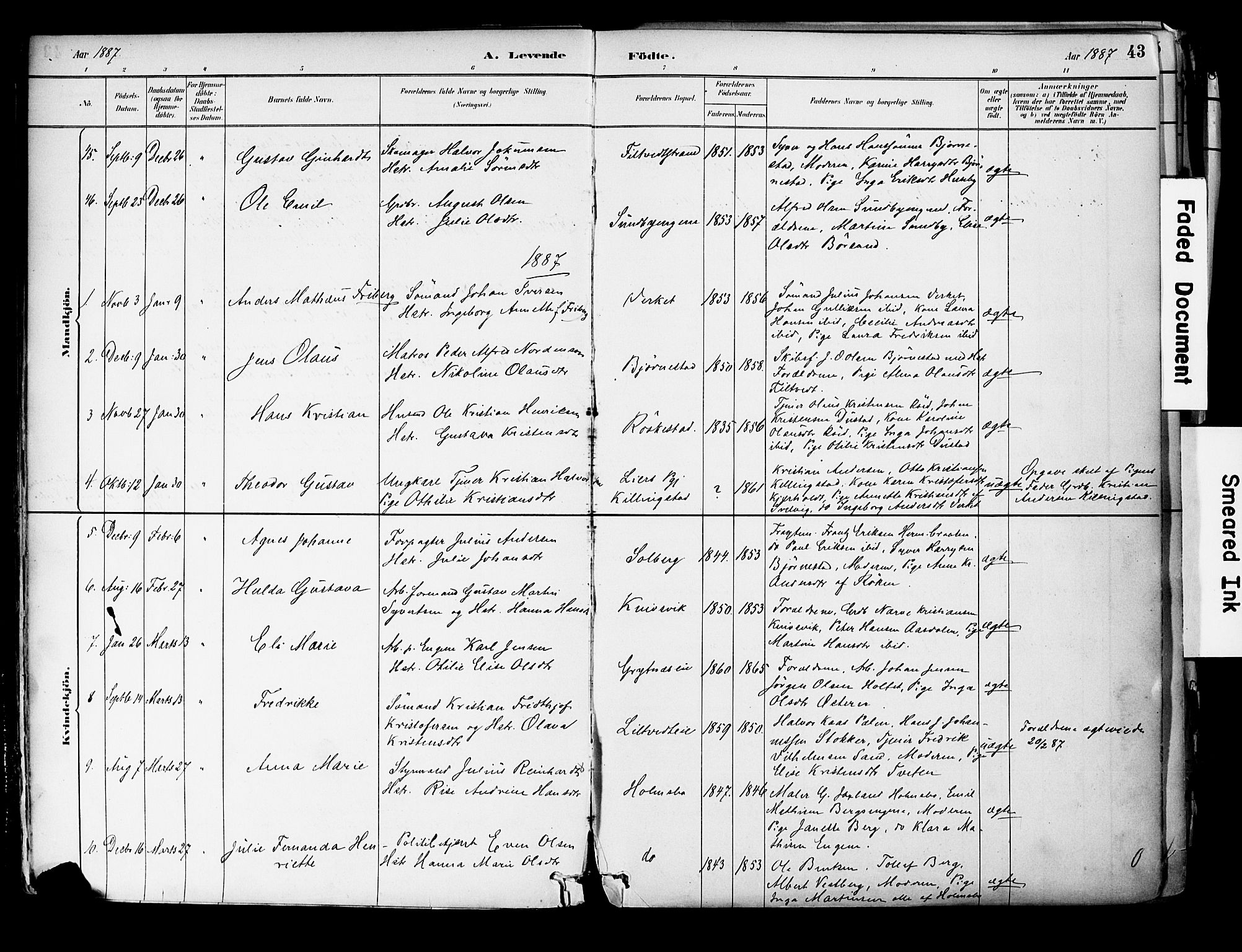 Hurum kirkebøker, SAKO/A-229/F/Fa/L0014: Parish register (official) no. 14, 1882-1895, p. 43
