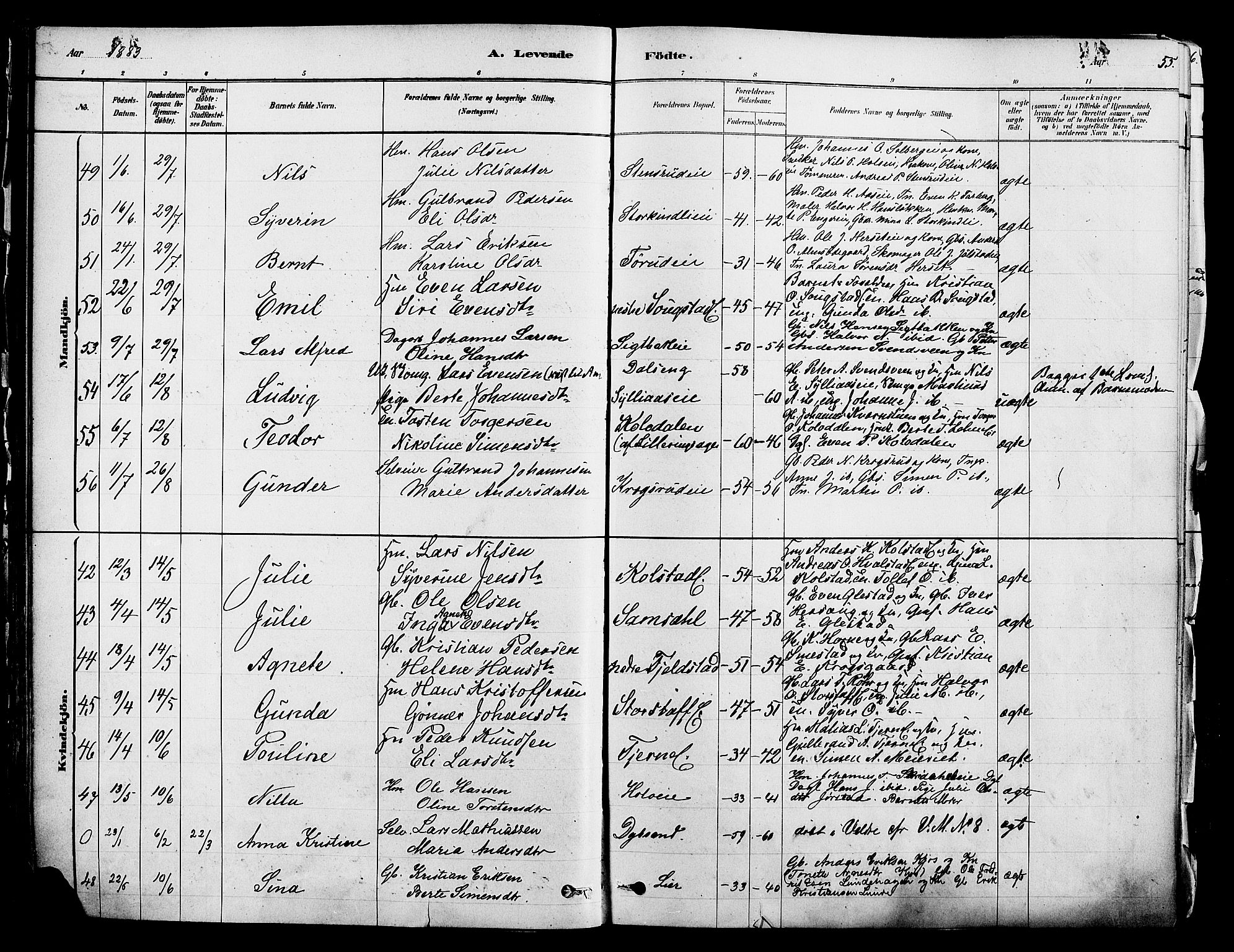 Ringsaker prestekontor, SAH/PREST-014/K/Ka/L0012: Parish register (official) no. 12, 1879-1890, p. 55