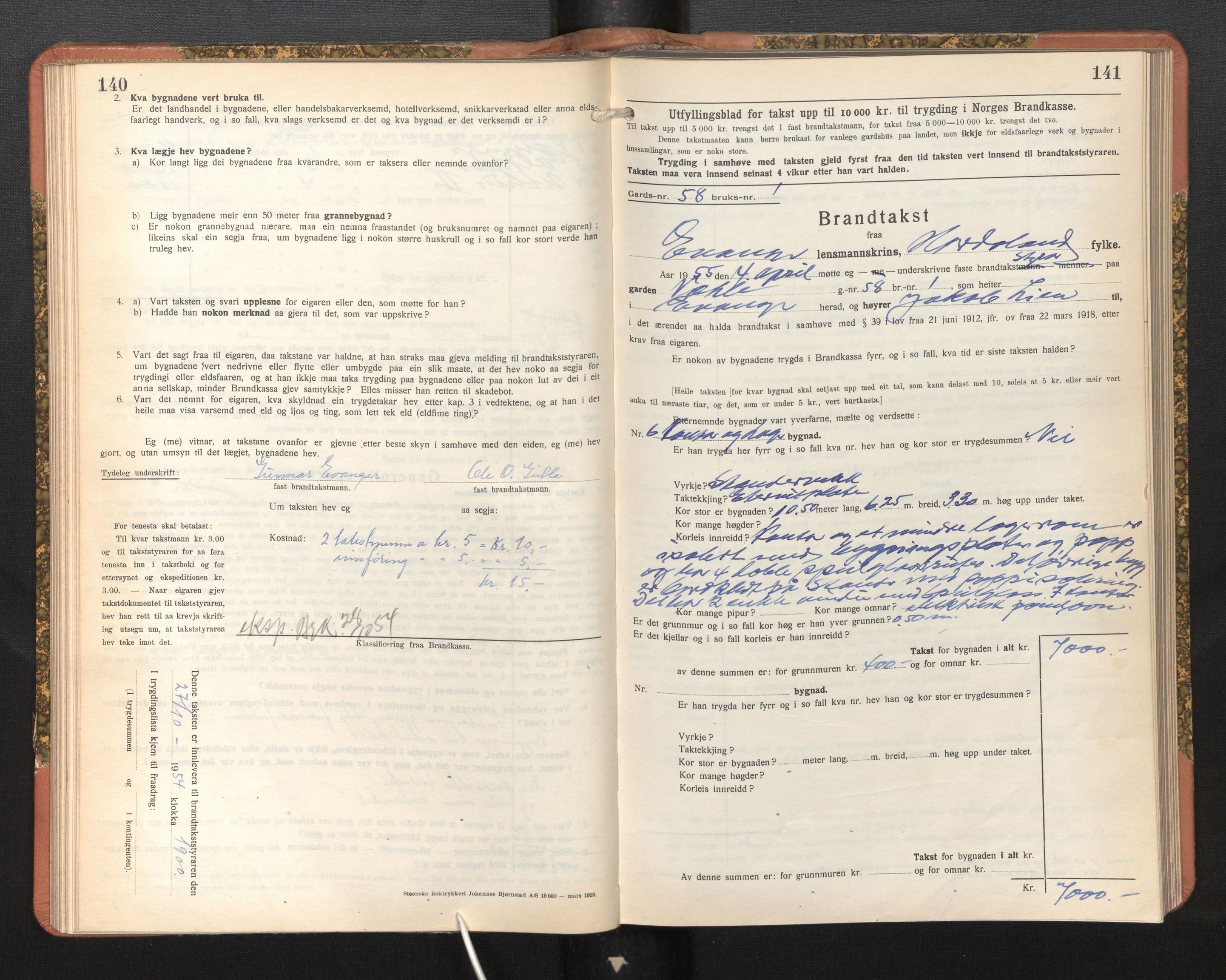 Lensmannen i Evanger, SAB/A-31701/0012/L0006: Branntakstprotokoll, skjematakst, 1936-1955, p. 140-141