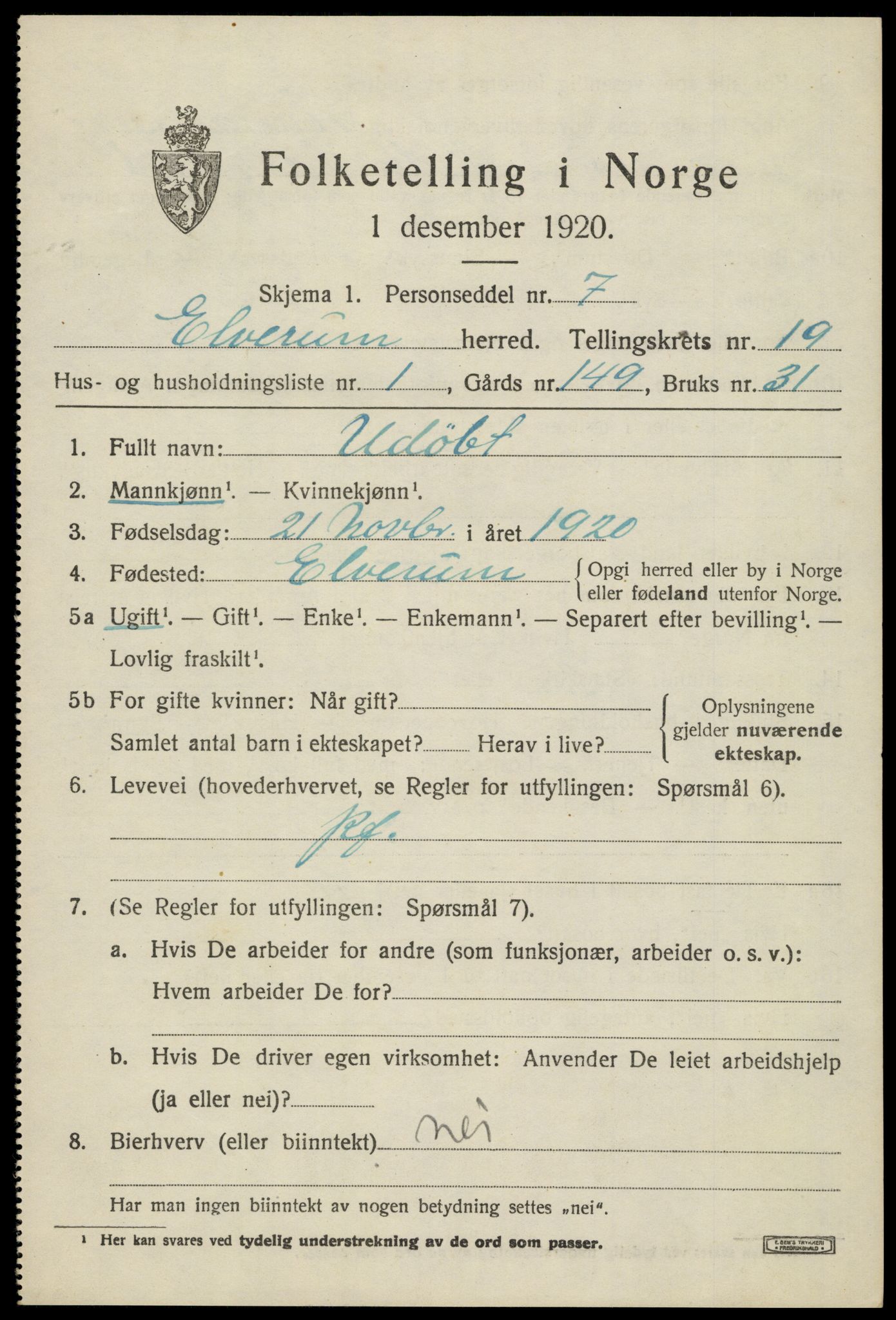 SAH, 1920 census for Elverum, 1920, p. 22550