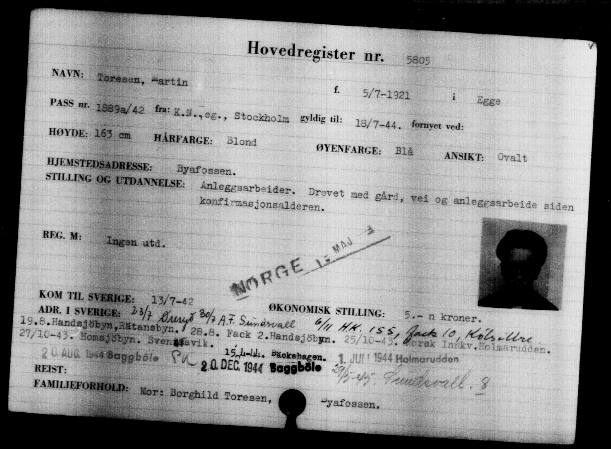 Utenriksstasjonene, Legasjonen i Stockholm, Flyktningkontoret, AV/RA-S-6753/V/Va/L0004: Kjesäterkartoteket, flyktninger med registreringsnr. 3496-6610, 1940-1945, p. 2685
