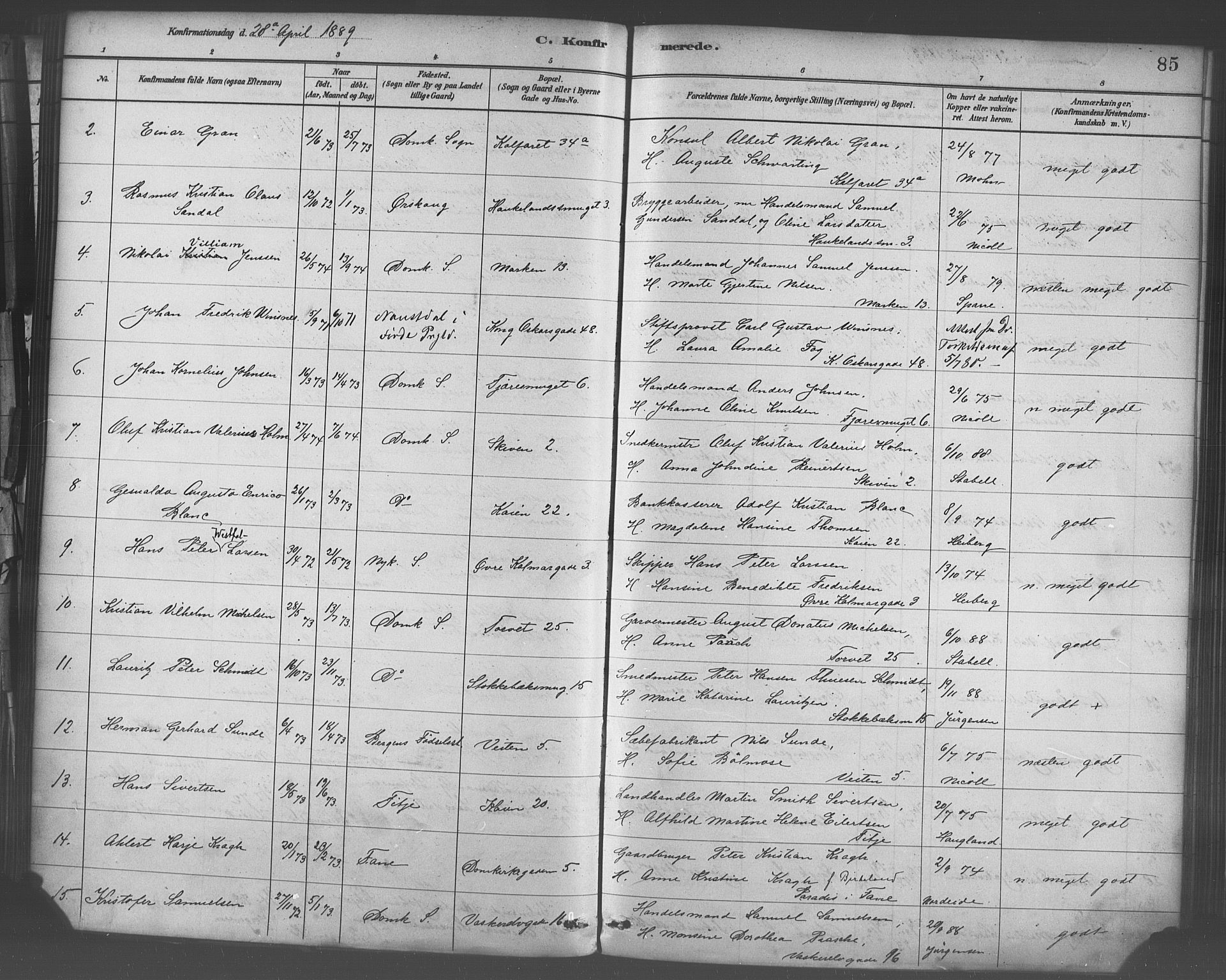 Domkirken sokneprestembete, AV/SAB-A-74801/H/Haa/L0030: Parish register (official) no. C 5, 1880-1898, p. 85