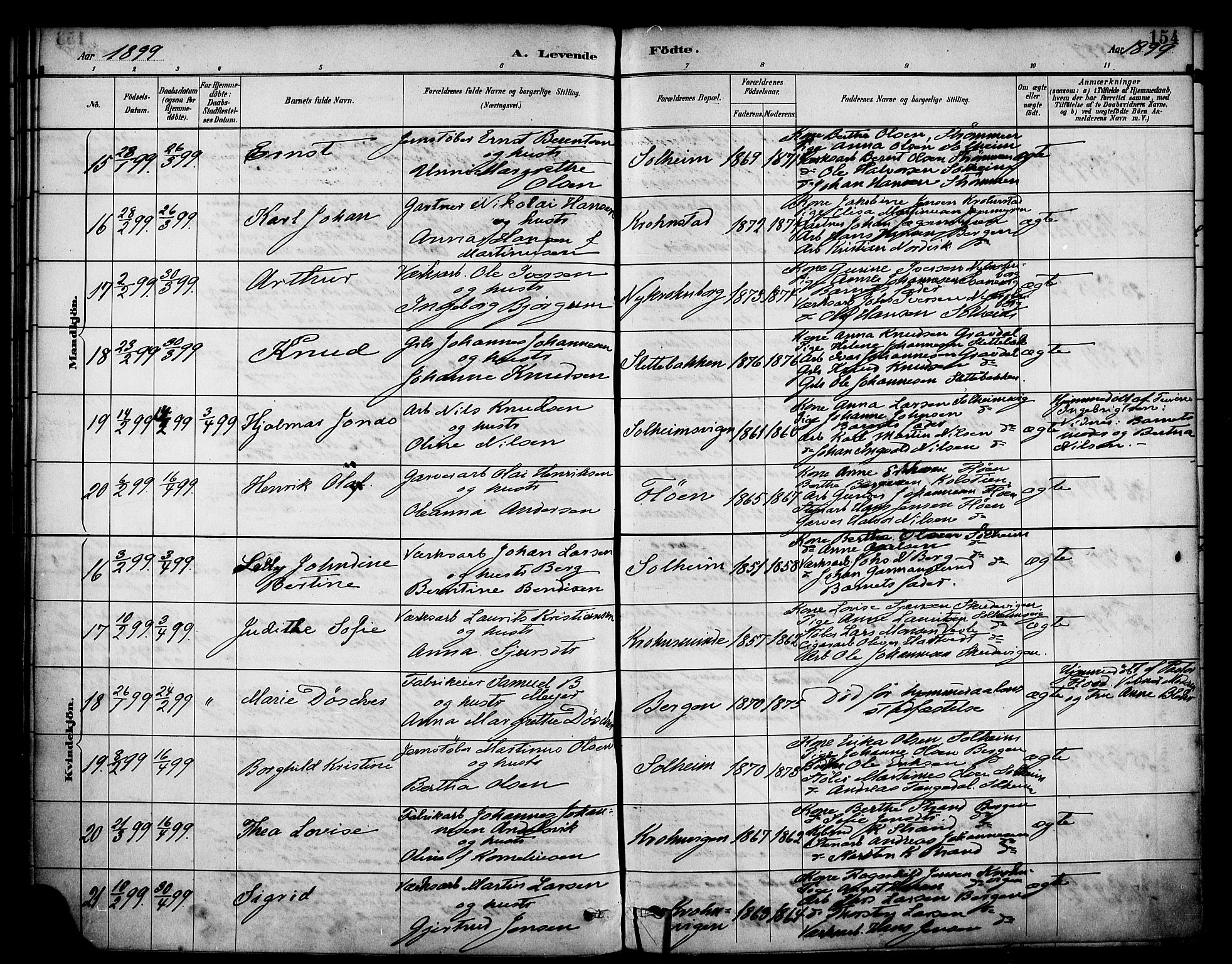 Årstad Sokneprestembete, AV/SAB-A-79301/H/Haa/L0001: Parish register (official) no. A 1, 1886-1901, p. 154