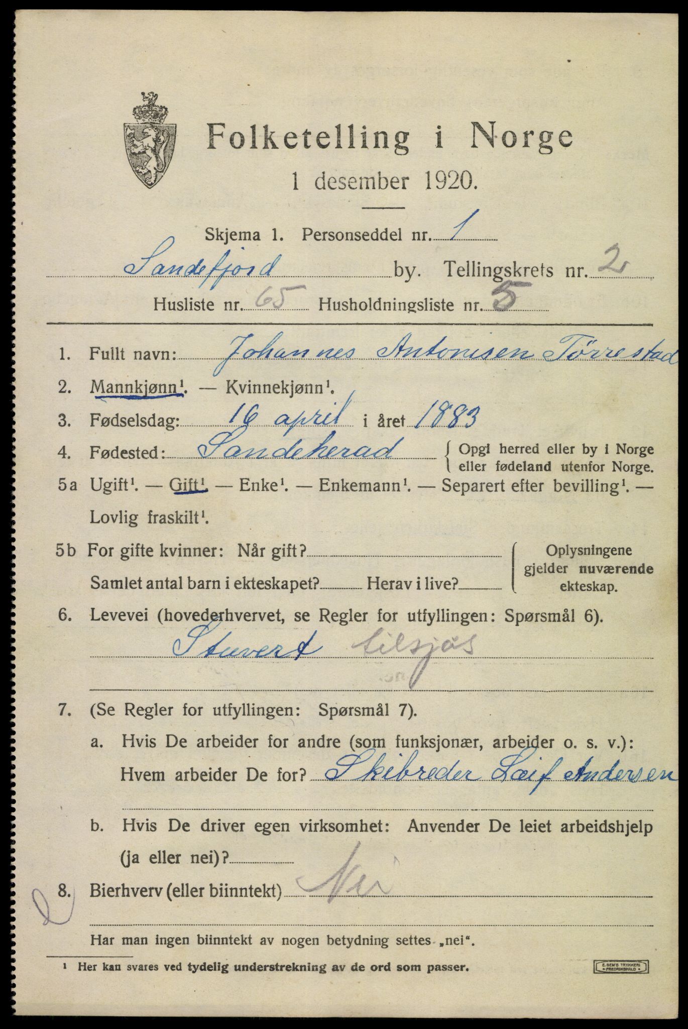 SAKO, 1920 census for Sandefjord, 1920, p. 7400