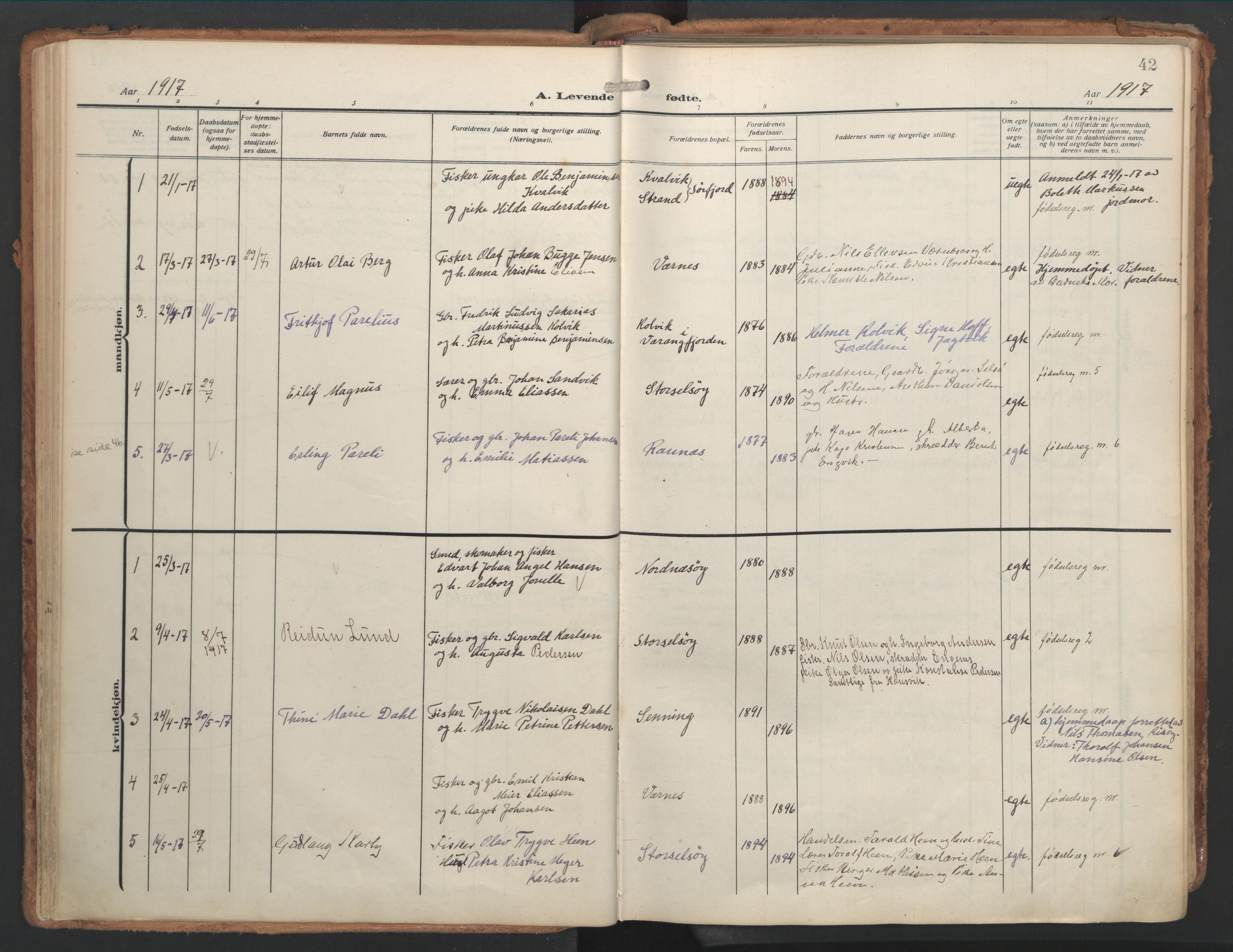 Ministerialprotokoller, klokkerbøker og fødselsregistre - Nordland, AV/SAT-A-1459/841/L0614: Parish register (official) no. 841A17, 1911-1925, p. 42