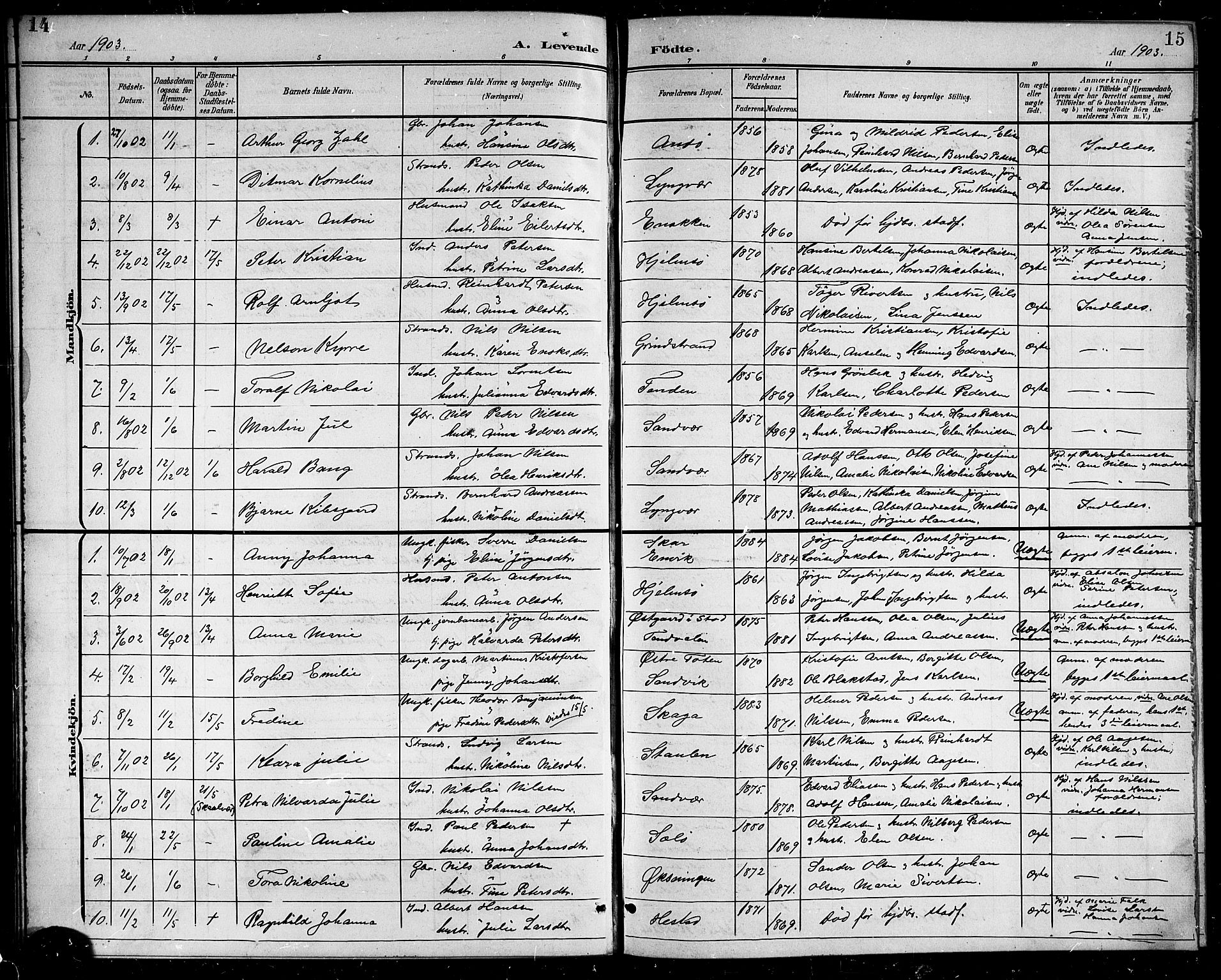 Ministerialprotokoller, klokkerbøker og fødselsregistre - Nordland, AV/SAT-A-1459/834/L0516: Parish register (copy) no. 834C06, 1902-1918, p. 14-15