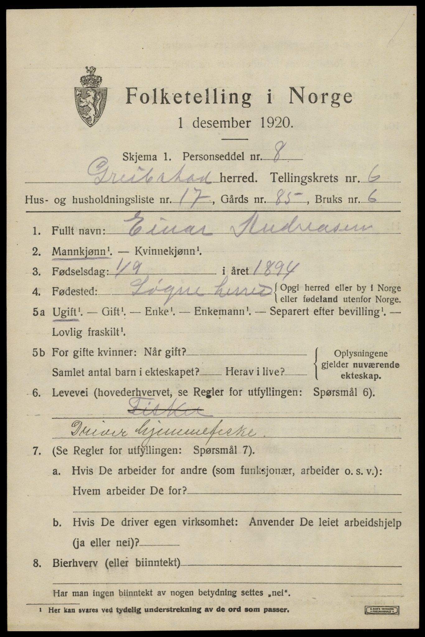 SAK, 1920 census for Greipstad, 1920, p. 2084