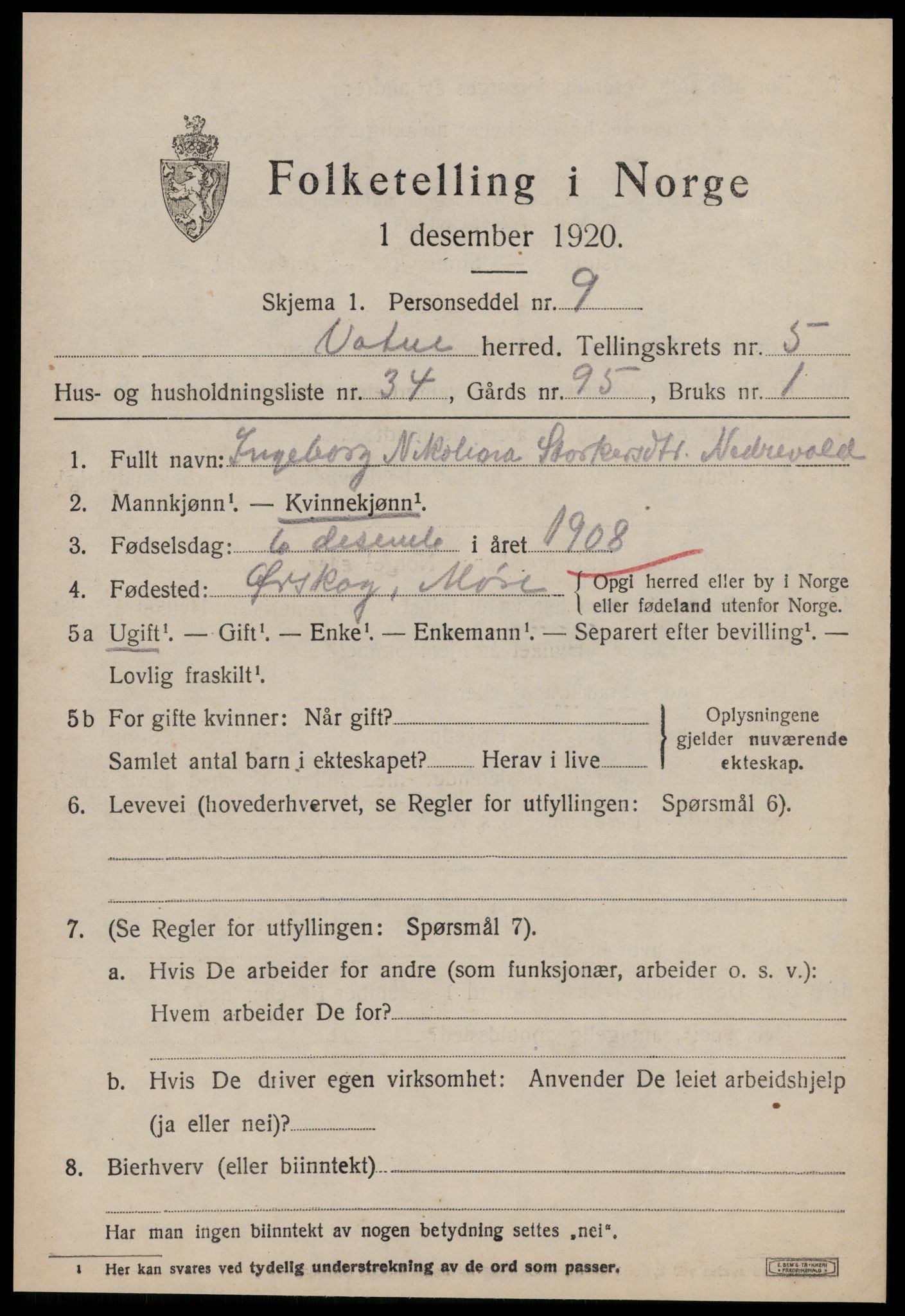 SAT, 1920 census for Vatne, 1920, p. 2676
