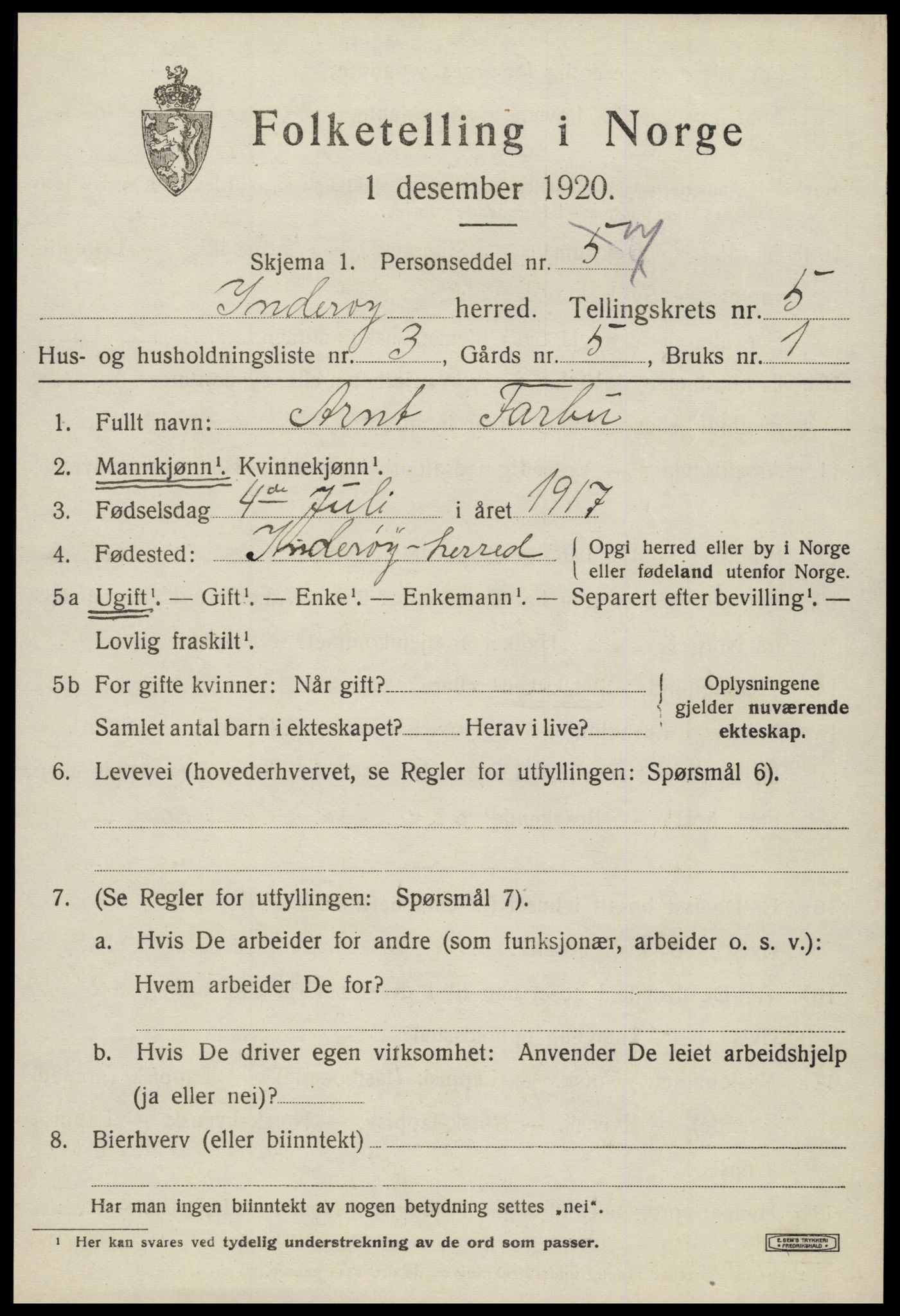 SAT, 1920 census for Inderøy, 1920, p. 4229