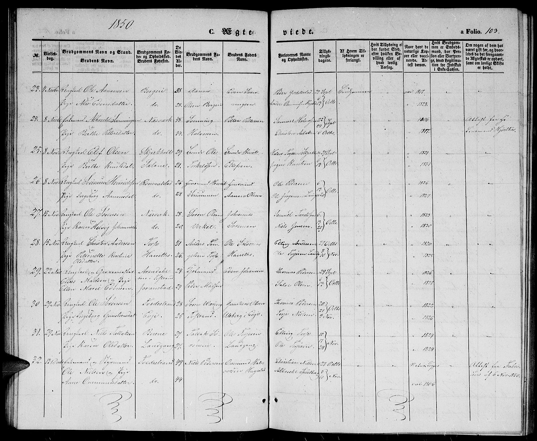 Holt sokneprestkontor, AV/SAK-1111-0021/F/Fb/L0007: Parish register (copy) no. B 7, 1849-1858, p. 103