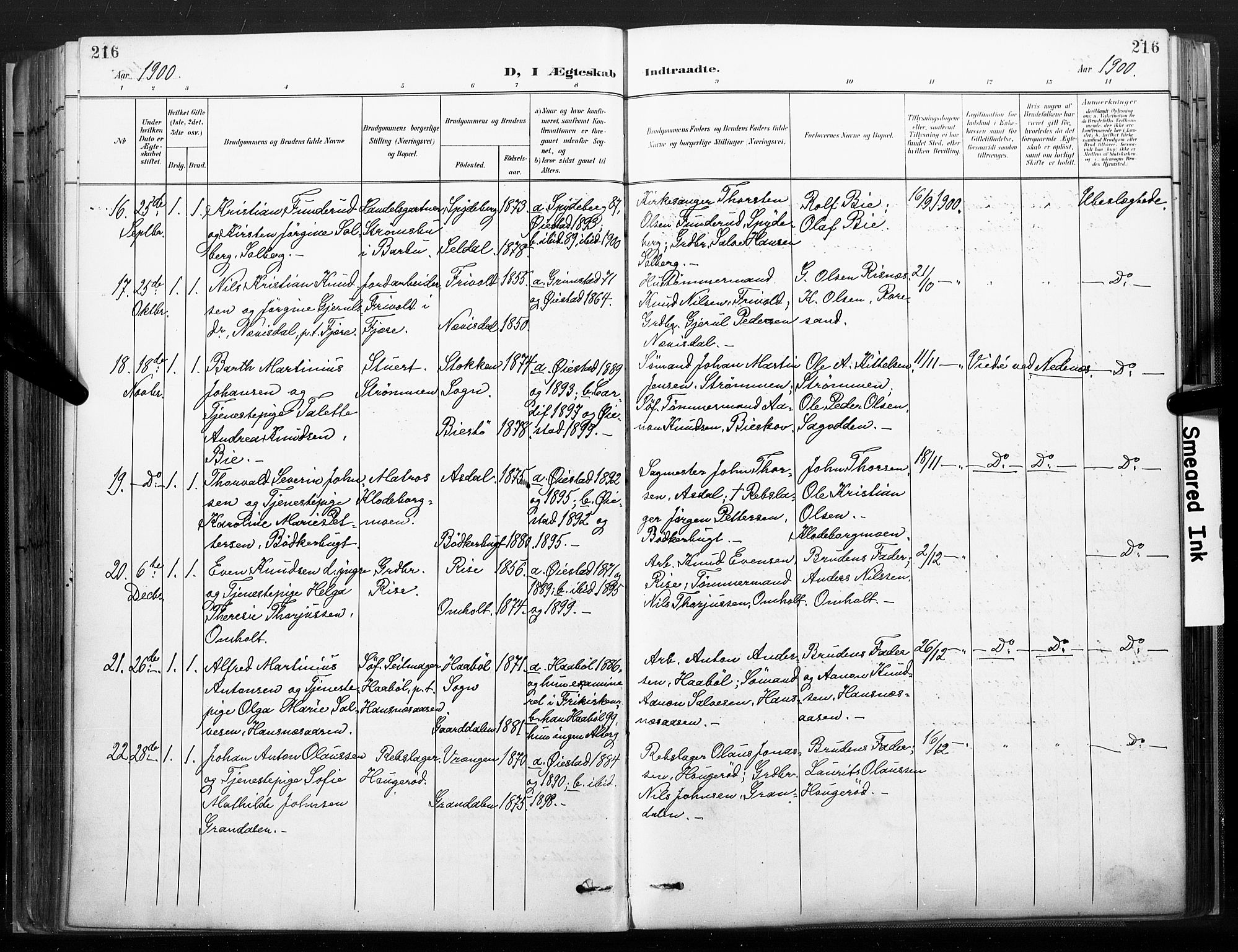 Øyestad sokneprestkontor, SAK/1111-0049/F/Fa/L0018: Parish register (official) no. A 18, 1897-1907, p. 216