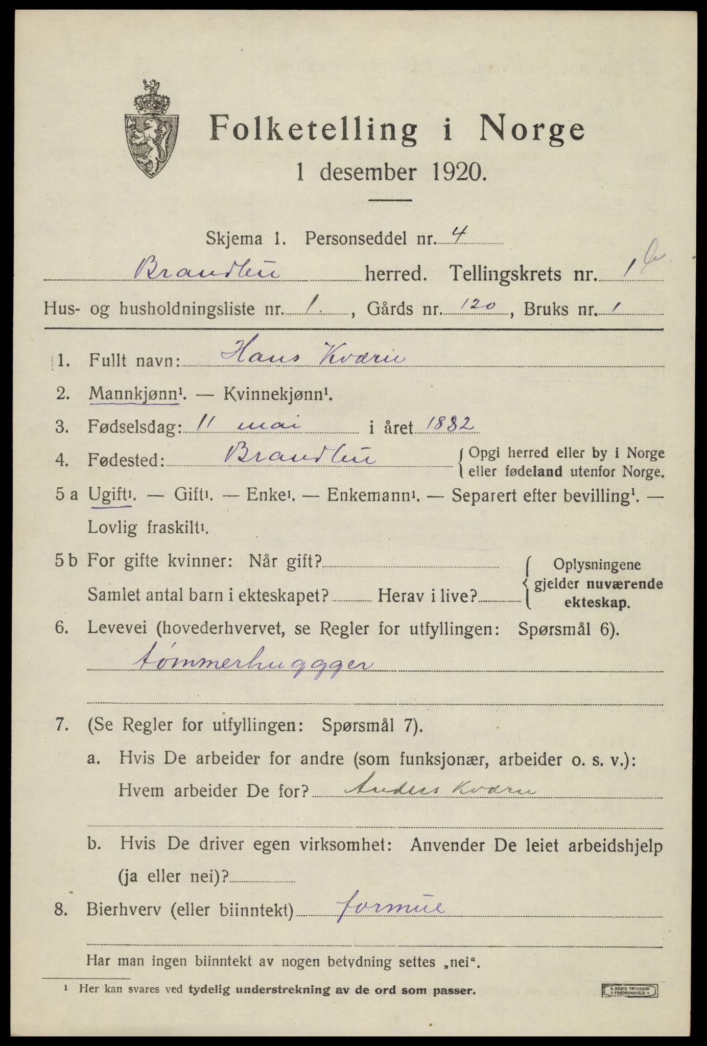 SAH, 1920 census for Brandbu, 1920, p. 3075